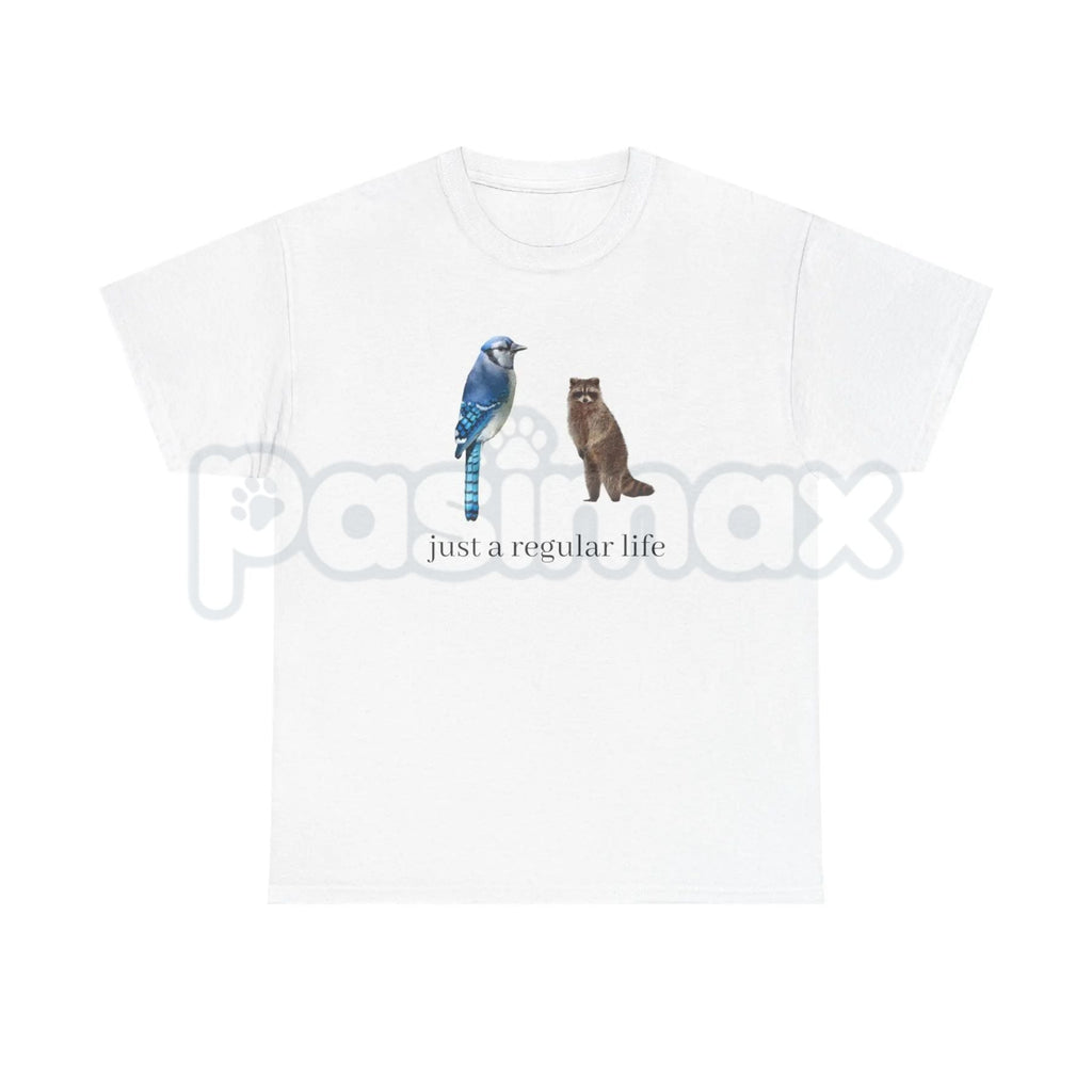 Blue Jay and Raccoon "Just a Regular Life" T-Shirt – Retro 2010s Cartoon Graphic Tee, Premium 100% Cotton Slacker Humor Top, Soft Lived-In Heavyweight Nostalgia Pop Culture Shirt, Made in USA