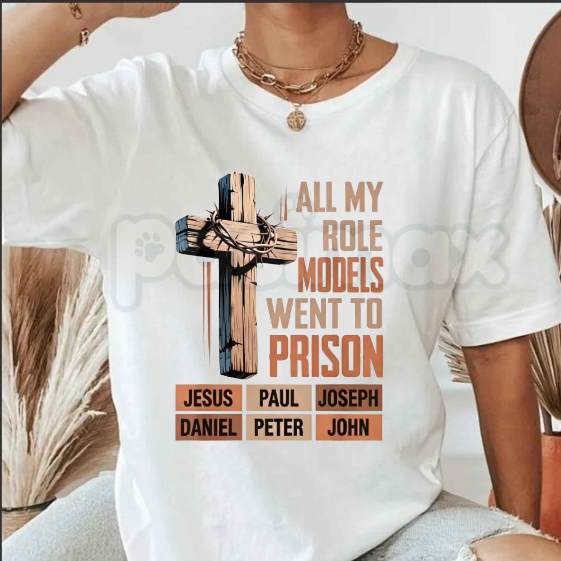 All My Role Models Went To Prison Bible Characters Cross Graphic T-Shirt – Funny Faithful Christian Satire Tee, Sarcastic Scripture Redemption Unisex Faith Shirt