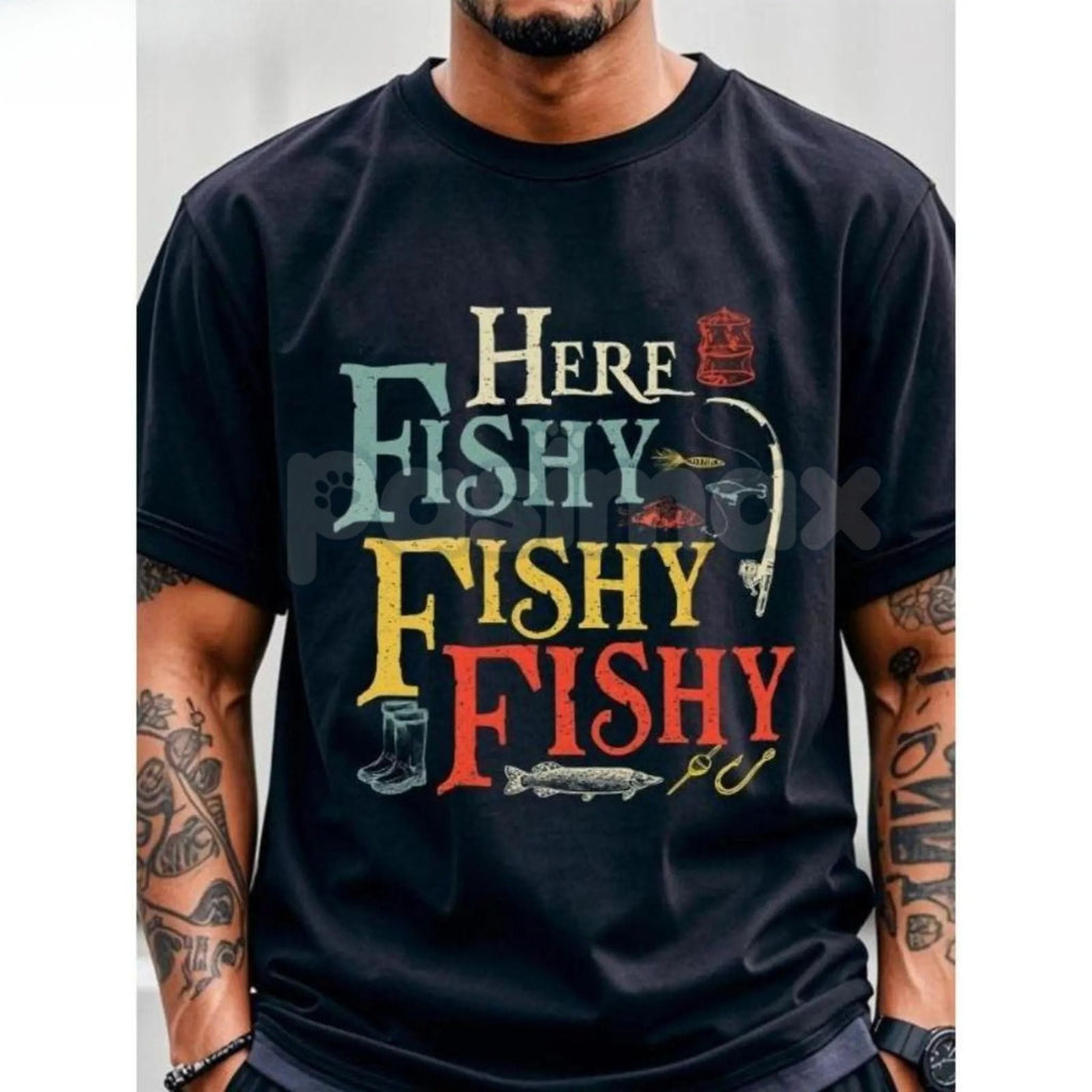 Pasimax Men's "Here Fishy Fishy" Angler T-Shirt - Dedicated Fisherman Humor Tee, Salty Sea Dog Graphic Shirt, Outdoor Sportsw