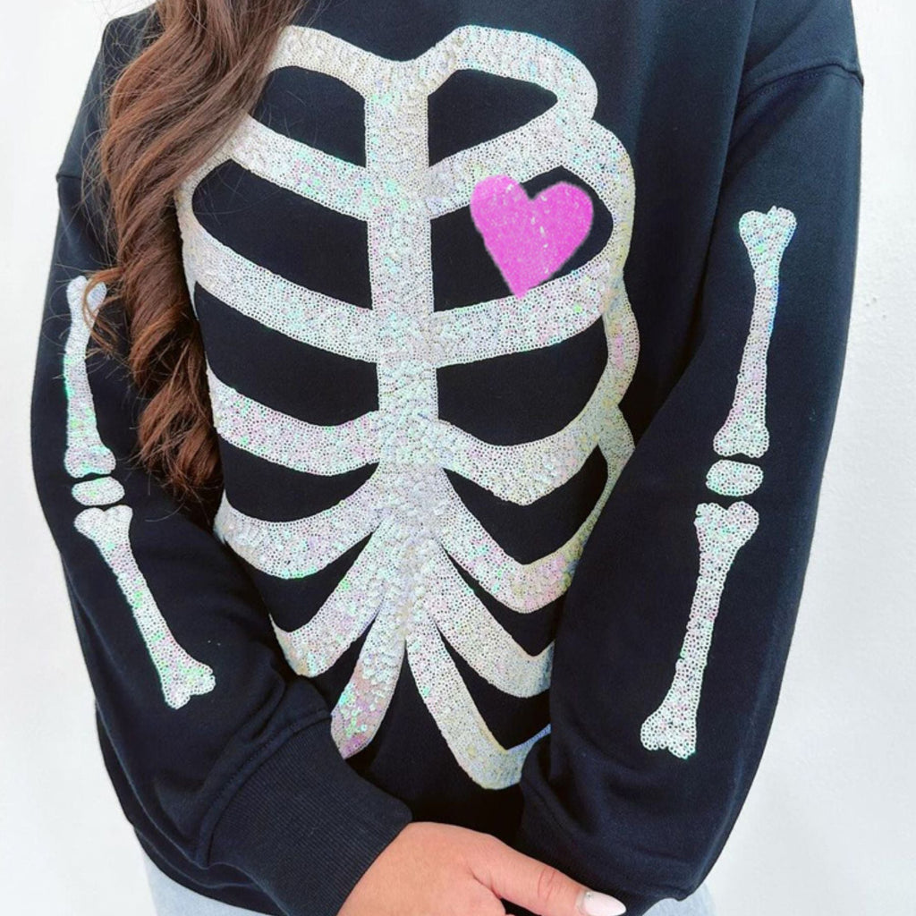 Pasimax Sequin Skeleton Halloween Sweatshirt for Women — in-use photo