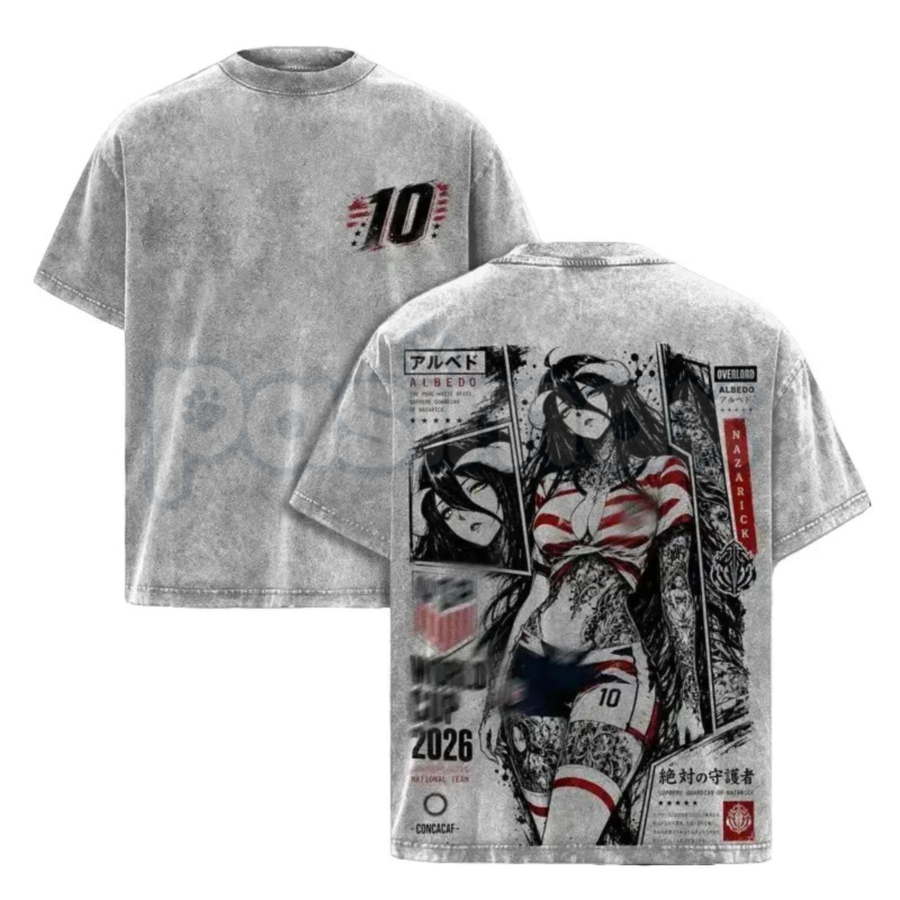Albedo Overlord Anime T-Shirt – Retro Double Printed Guardian Graphic Tee, Vintage Washed Dark Fantasy Lightweight Cotton Unisex Manga Top