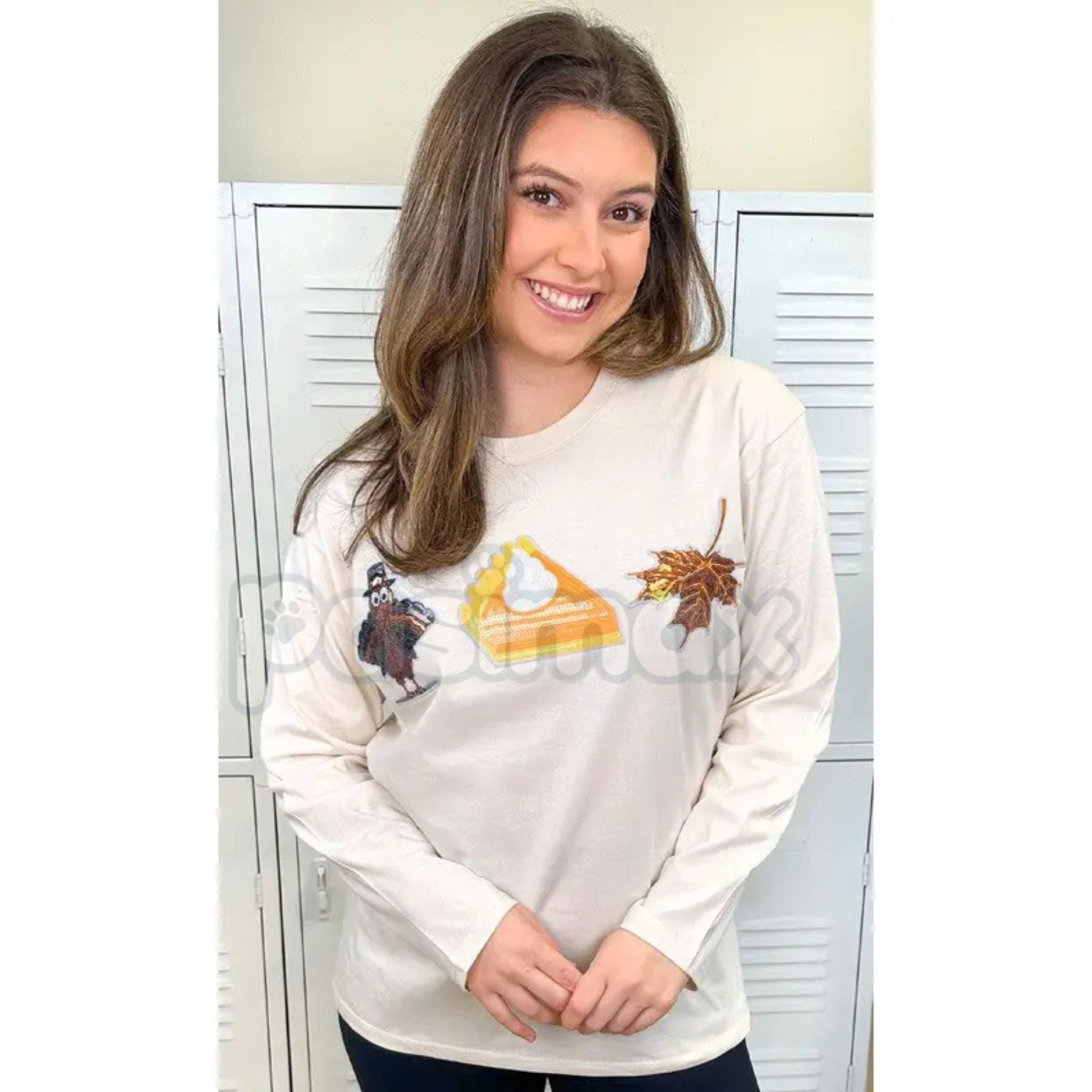 Pasimax Thanksgiving Sparkle Boyfriend Long Sleeve T-Shirt - Oversized Holiday Glitter Tee, Festive Turkey Day Comfort Top, U