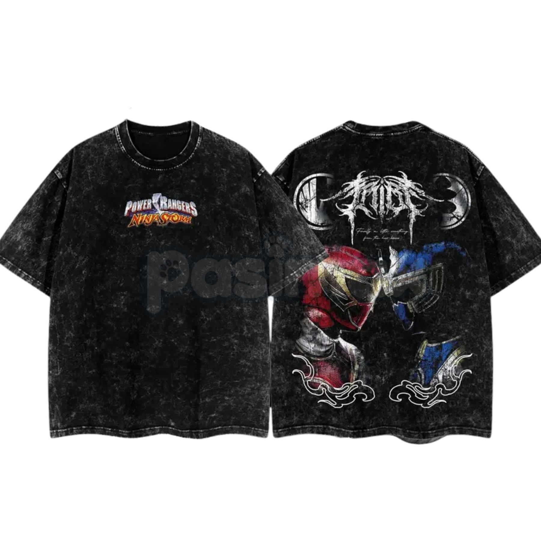 Pasimax Ninja Storm Red v. Navy Ranger Limited T-Shirt – Vintage Oversize Anime Manga Washed Cotton Tee — lifestyle context
