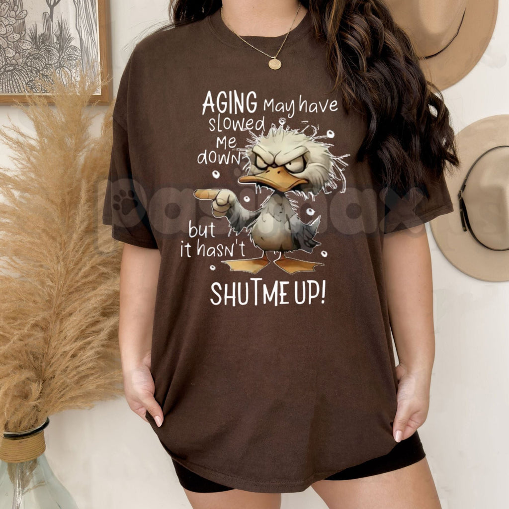Pasimax "Aging May Have Slowed Me Down But It Haven't Shut Me Up" T-Shirt - Funny Senior Humor Graphic Tee, Premium 100% Cott