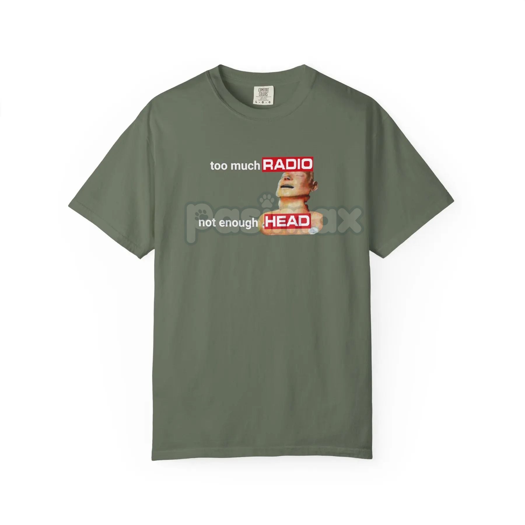 Pasimax Comfort Colors 'Too Much Radio, Not Enough Head' Shirt — lifestyle context