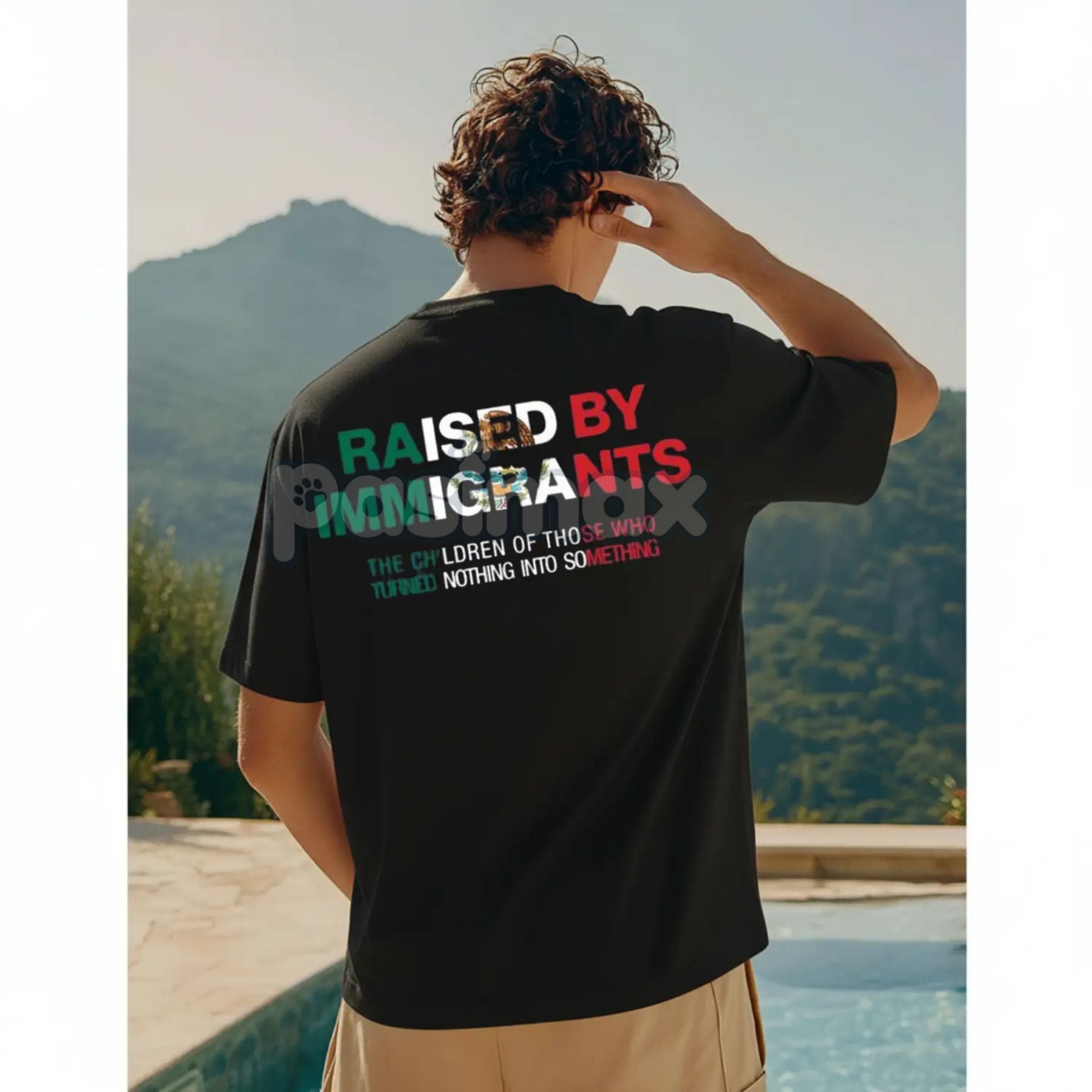 Pasimax "Raised By Immigrants" Cultural Pride Tee — lifestyle context
