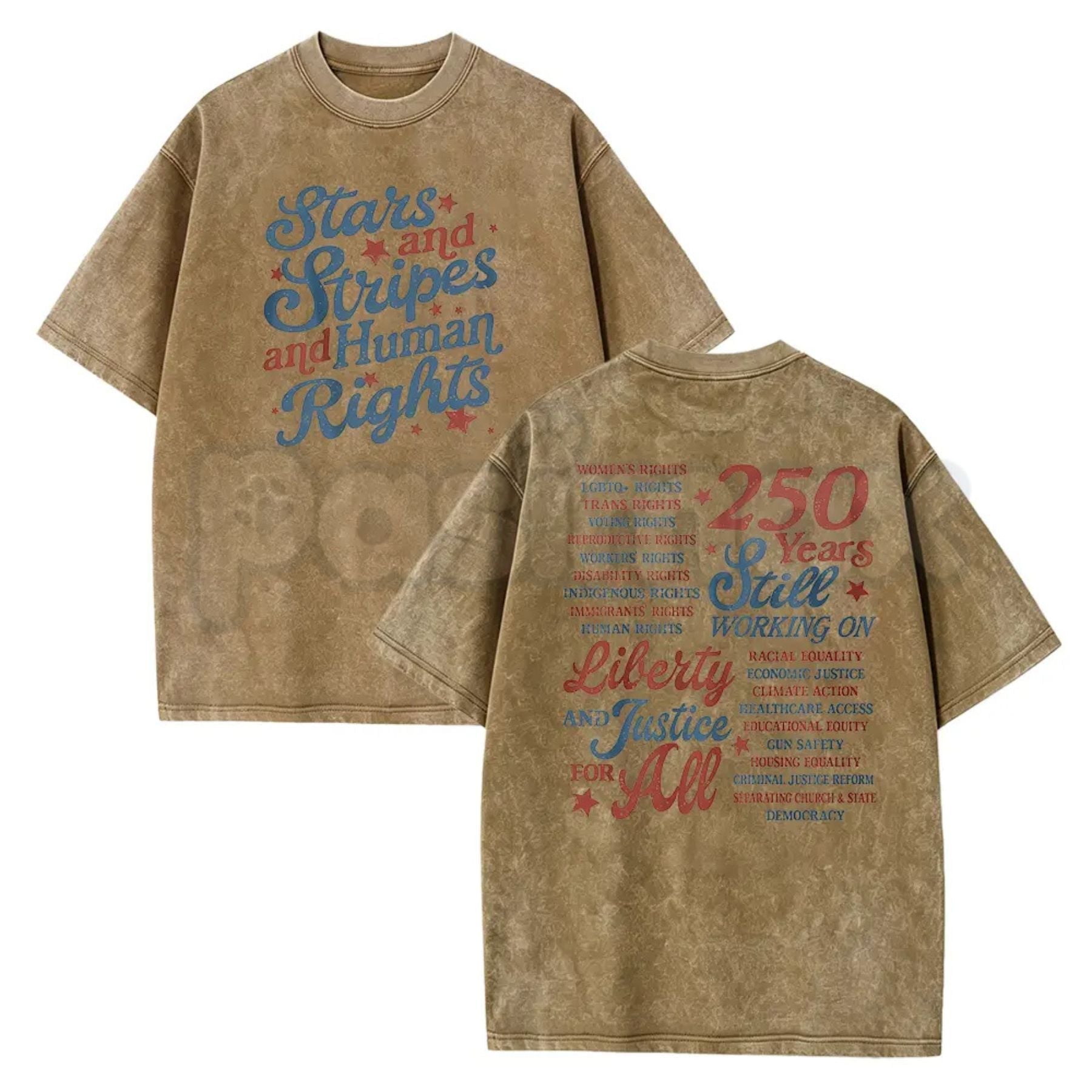 Stars and Stripes and Human Rights T-Shirt – 250 Years America Social Justice Graphic Tee, Vintage Washed Retro Patriotic Lightweight Cotton Top