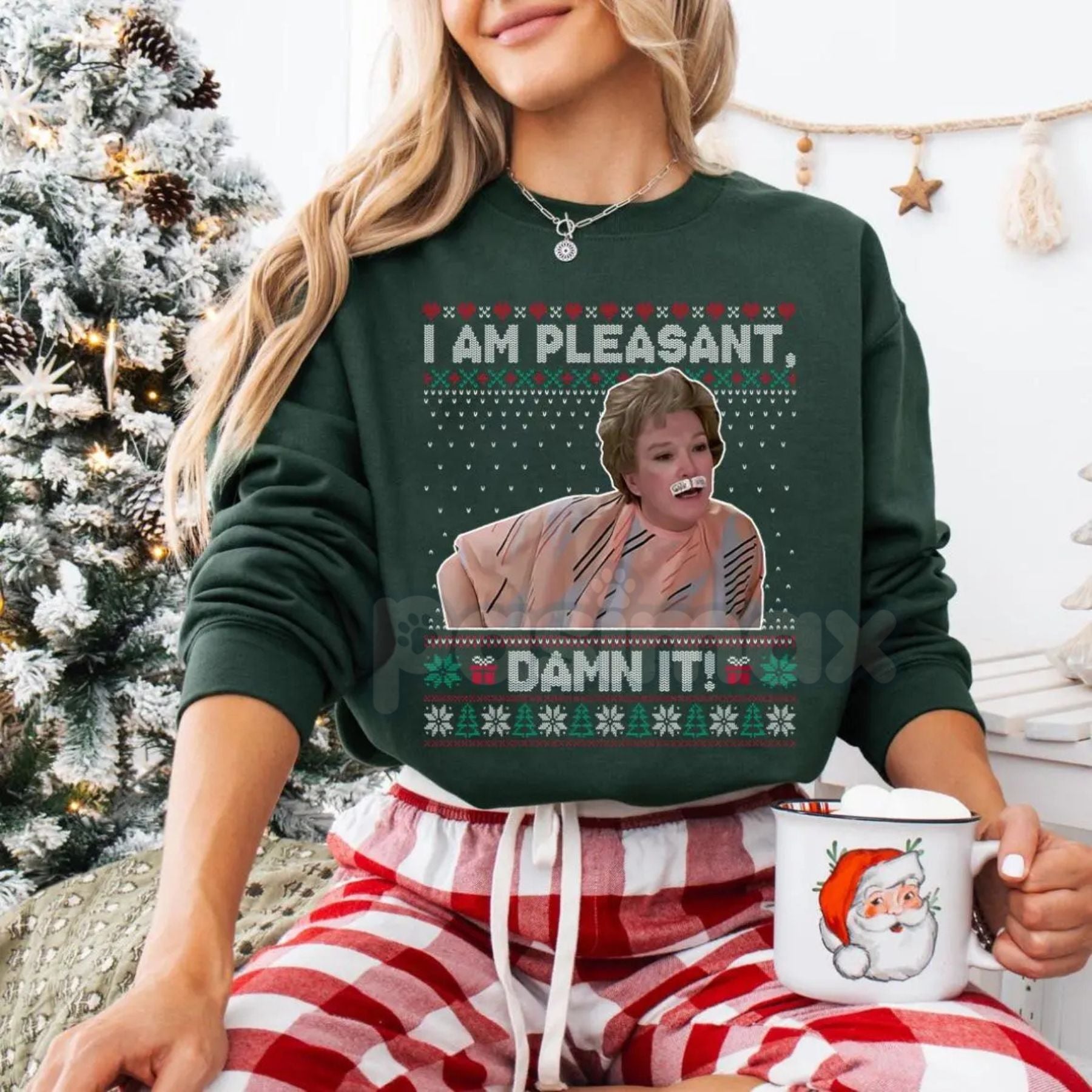 Pasimax "I Am Pleasant" Ugly Christmas Sweatshirt – Funny Steel Magnolias Ouiser Boudreaux Holiday Crewneck — detail close-up