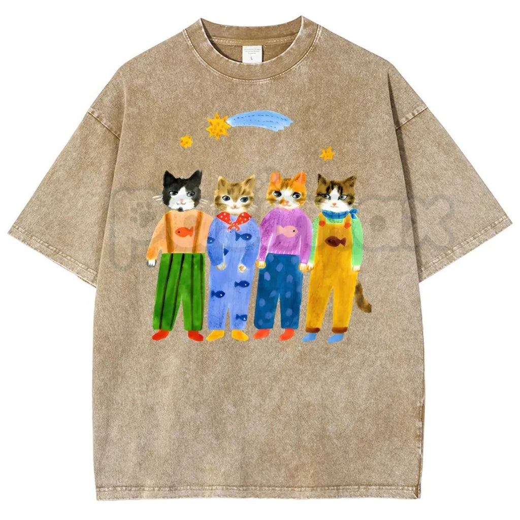 Retro Cats in Overalls Graphic T-Shirt – Funny Hand-Painted Cat Vintage Washed Tee, 90s Aesthetic Lightweight Cotton Animal Top