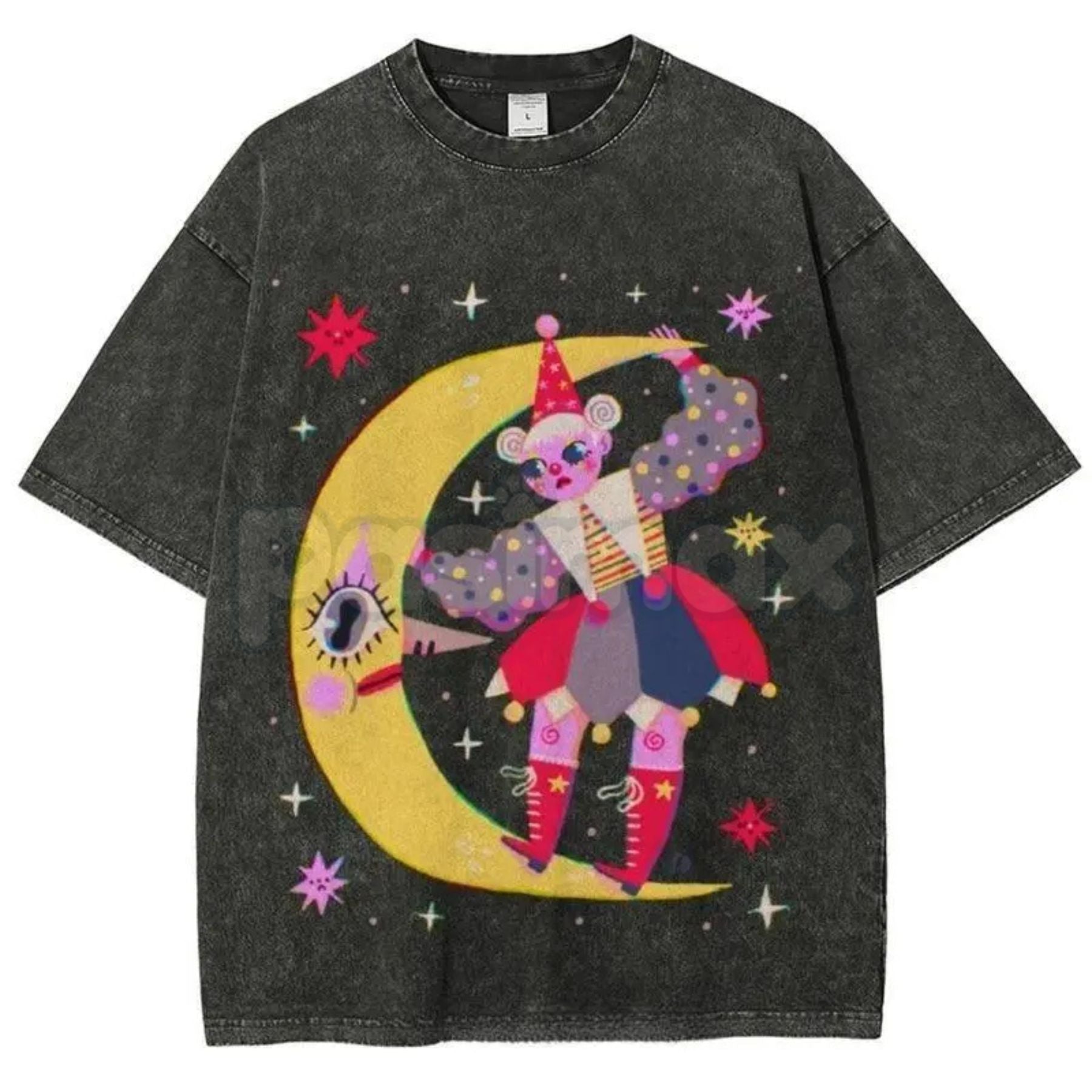Pasimax Star Clown Unisex Vintage Washed Tee – Retro Celestial Circus Graphic Streetwear T-Shirt — lifestyle context