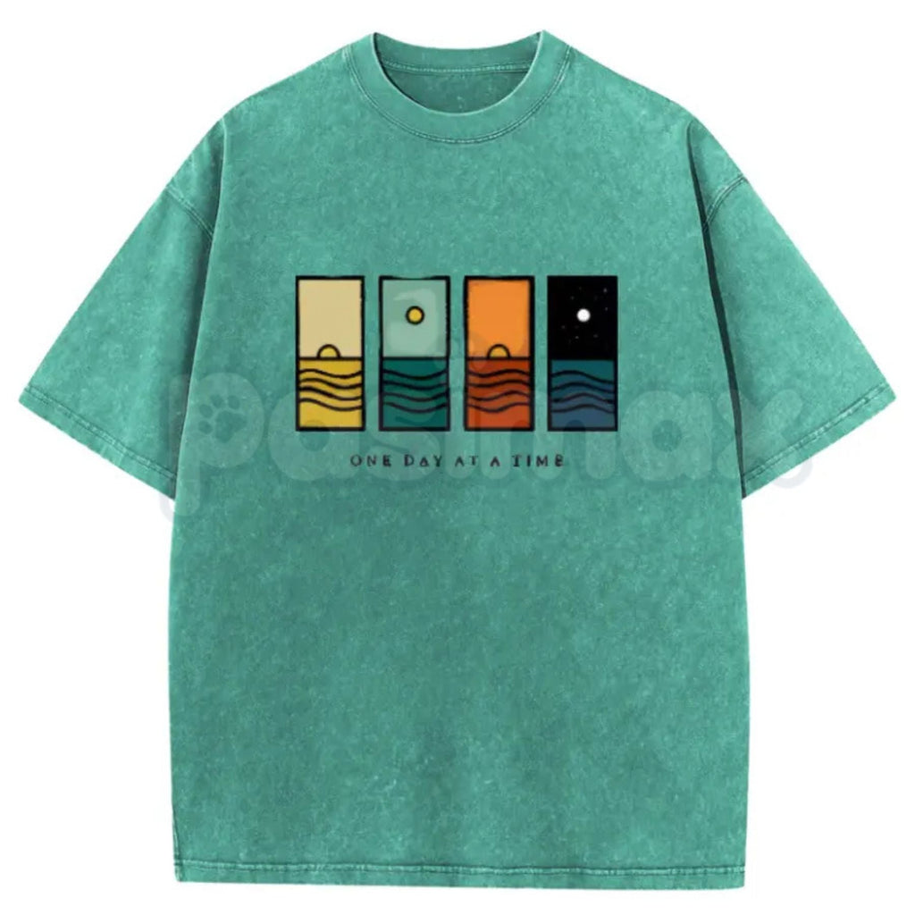 Holafish "One Day At A Time" Graphic T-Shirt – Oversize Acid Wash Vintage Tee, Lightweight Cotton Mindfulness Streetwear