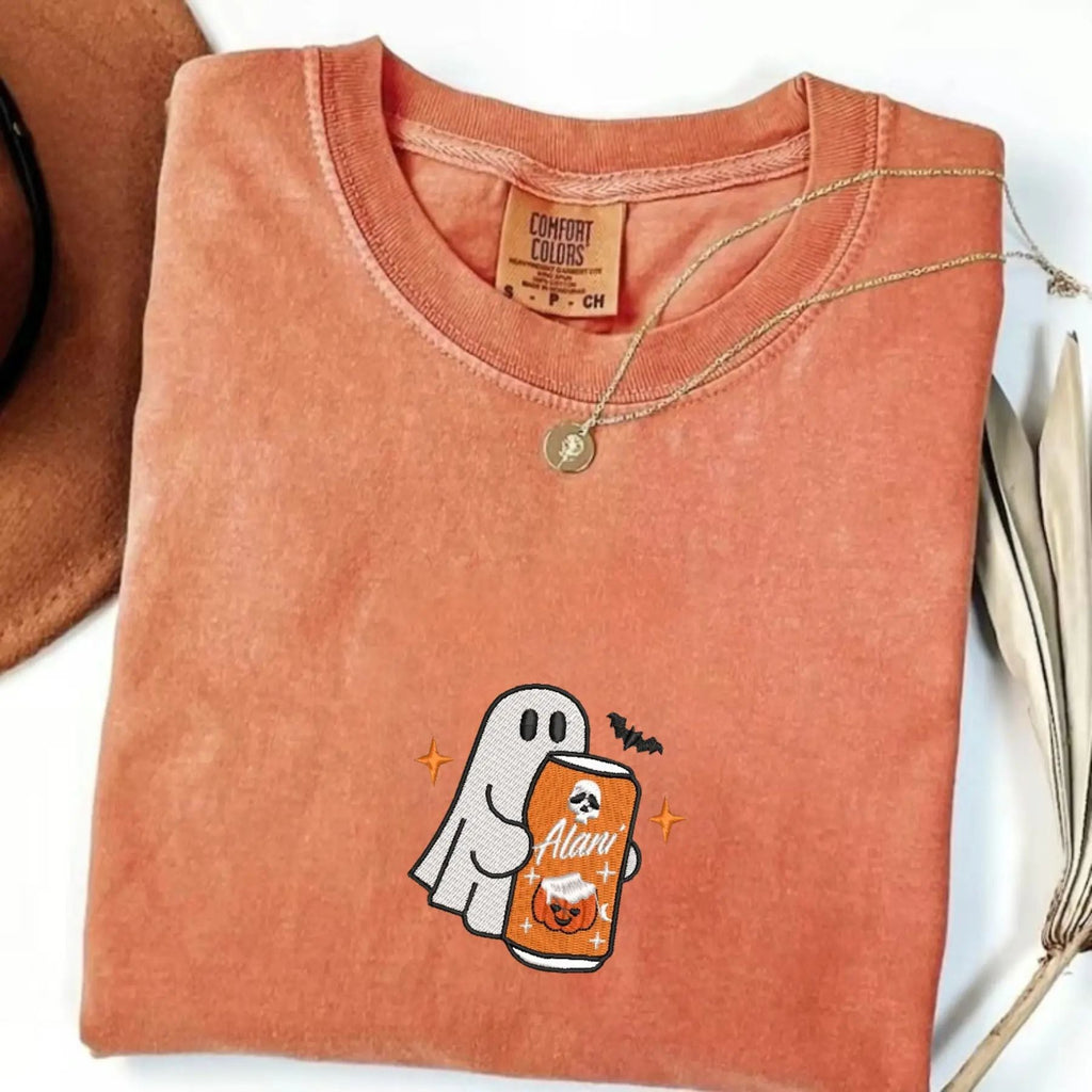 Pasimax Embroidered Spooky Drink Comfort Colors T-Shirt — detail close-up