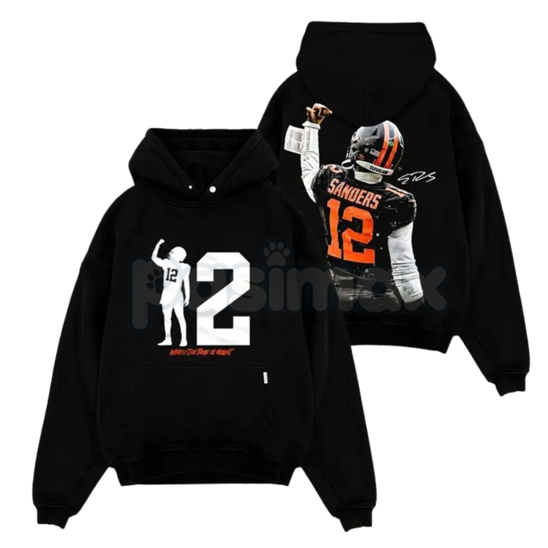 Pasimax Shedeur Sanders 12 Celly For Dawg Pound – Iconic Celebration Cotton Hoodie, Sweatshirt & T-Shirt — side view