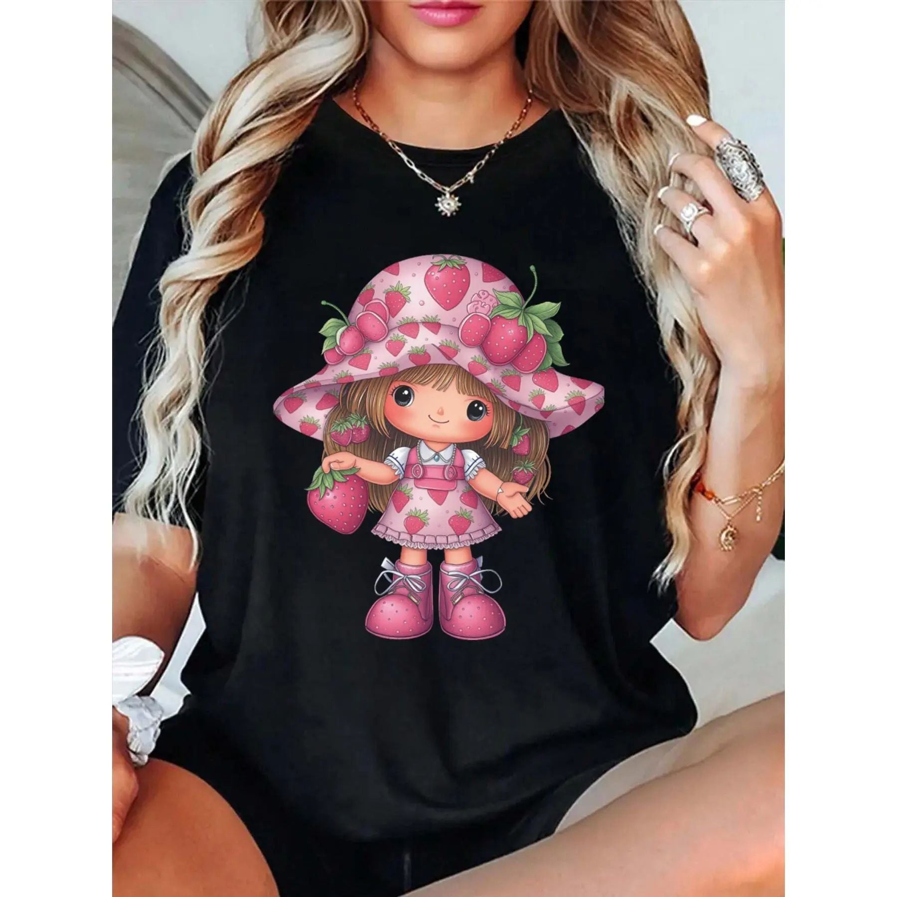 Pasimax Cute Strawberry Print Short Top T-Shirt — lifestyle context