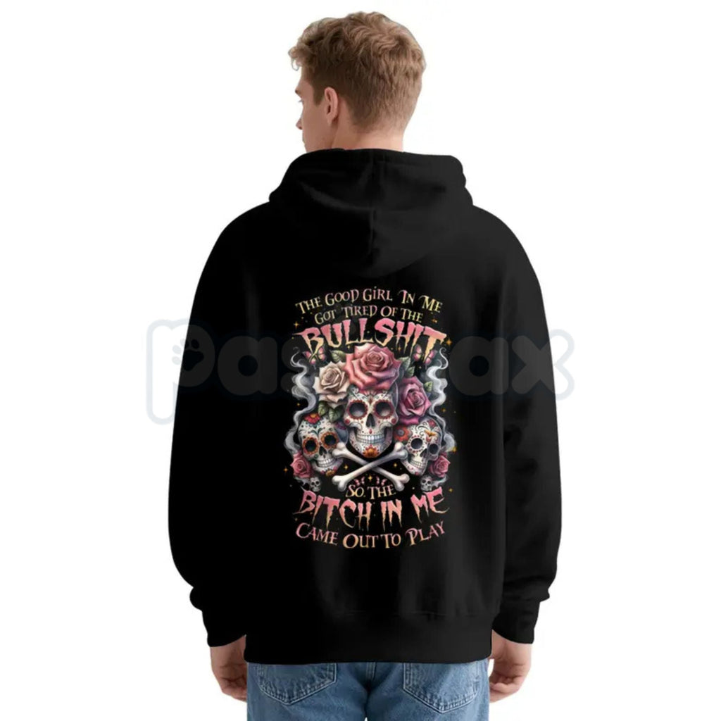 Pasimax The Good Girl In Me Got Tired – Lady's Skull Graphic Hoodie, Edgy Sweatshirt & Vintage T-Shirt — side view
