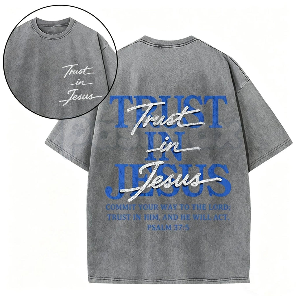 Trust in Jesus T-Shirt – Psalm 37:5 Bible Verse Christian Graphic Tee, Oversized Vintage Washed Lightweight Cotton Faith Shirt