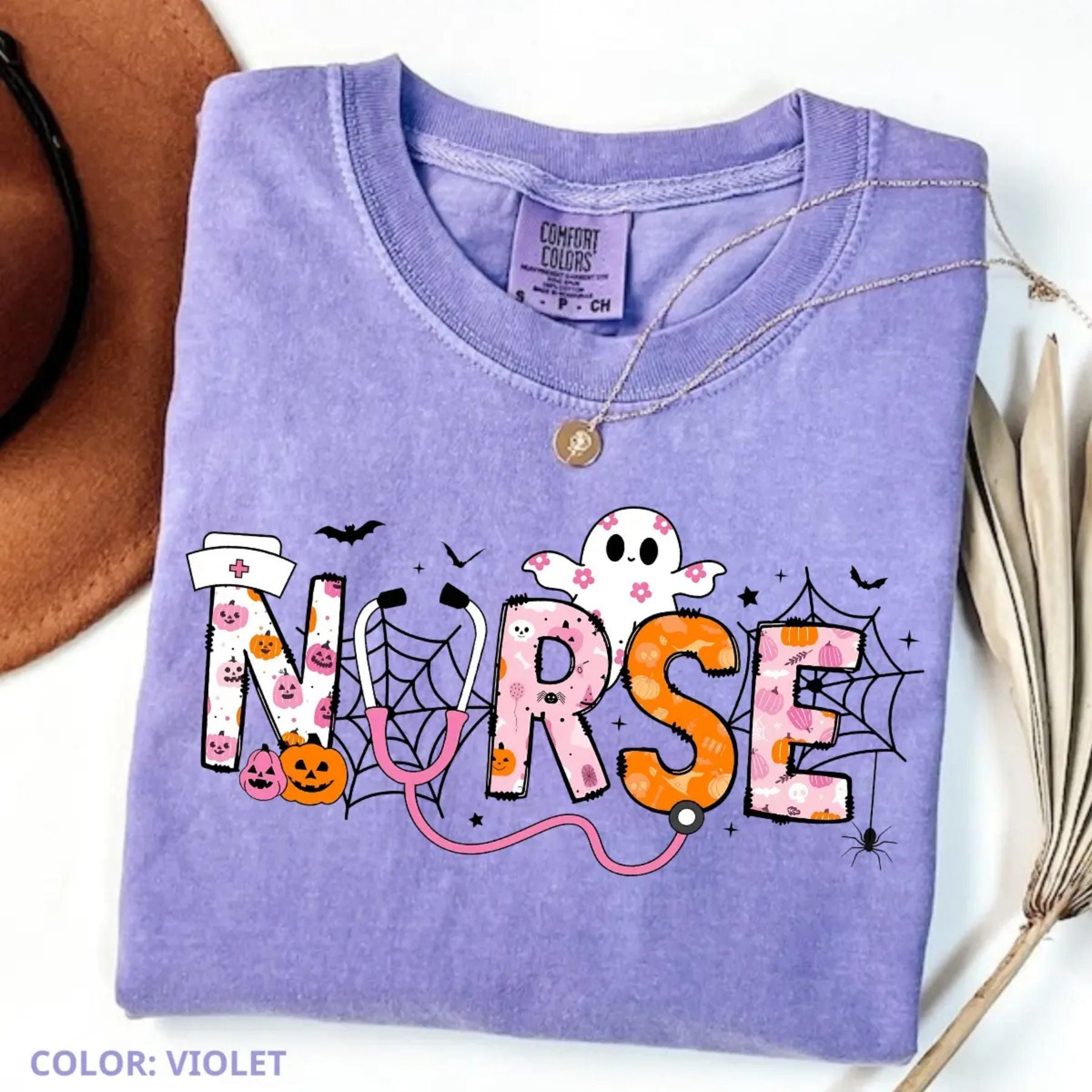 Pasimax Comfort Colors Spooky Nurse Halloween Shirt — side view