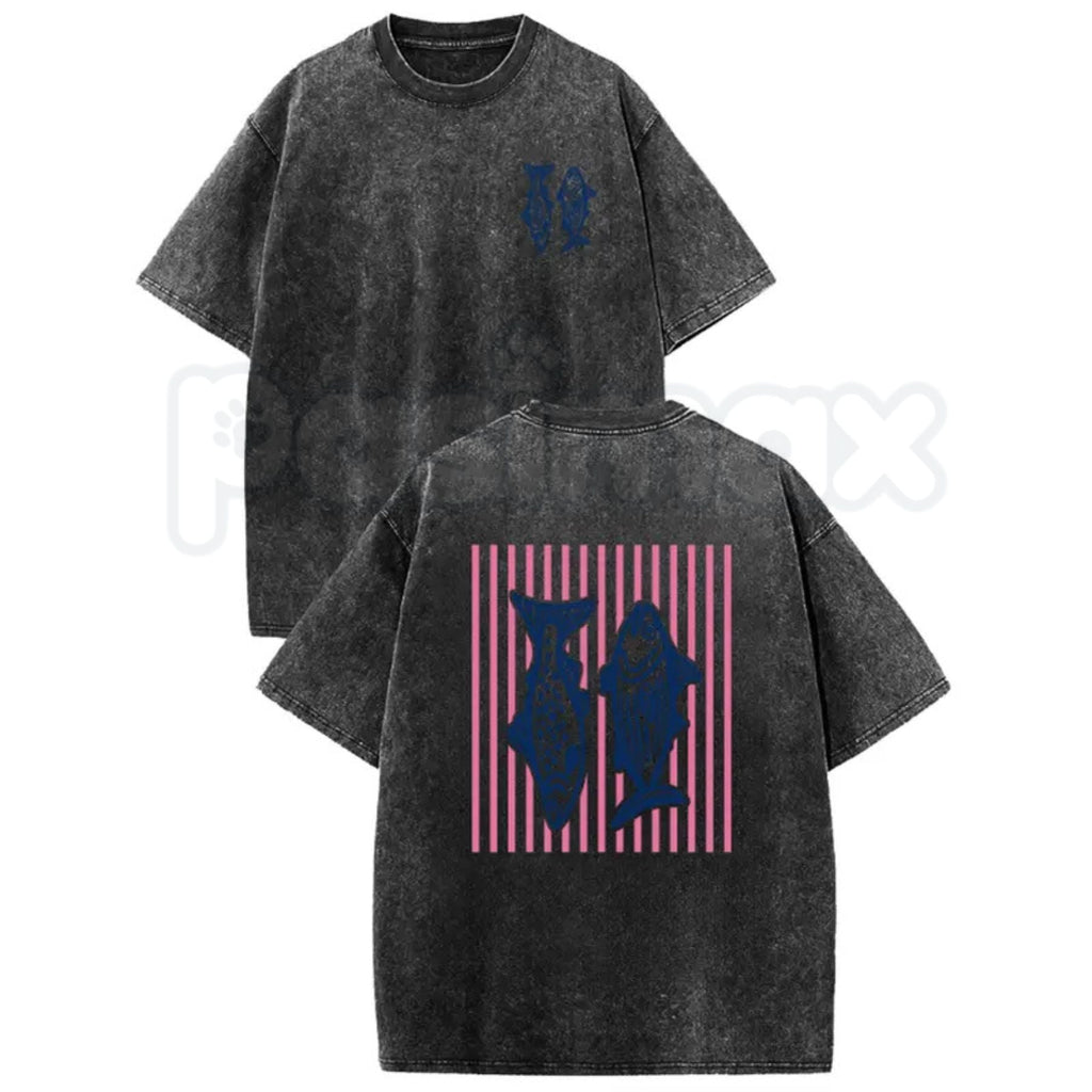 Retro Pink Striped Fish T-Shirt – Acid Wash Dual-Side Graphic Tee, Vintage Nautical Aesthetic Lightweight Cotton Coastal Unisex Top