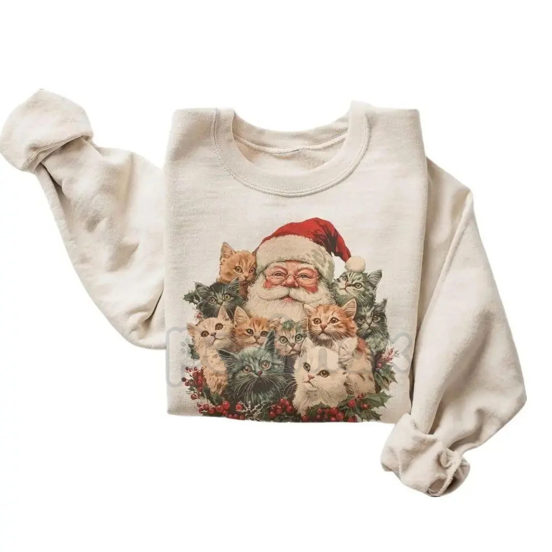 Pasimax Retro Santa Claus and Kittens Christmas Sweatshirt – Vintage Winter Holiday Crewneck — lifestyle context