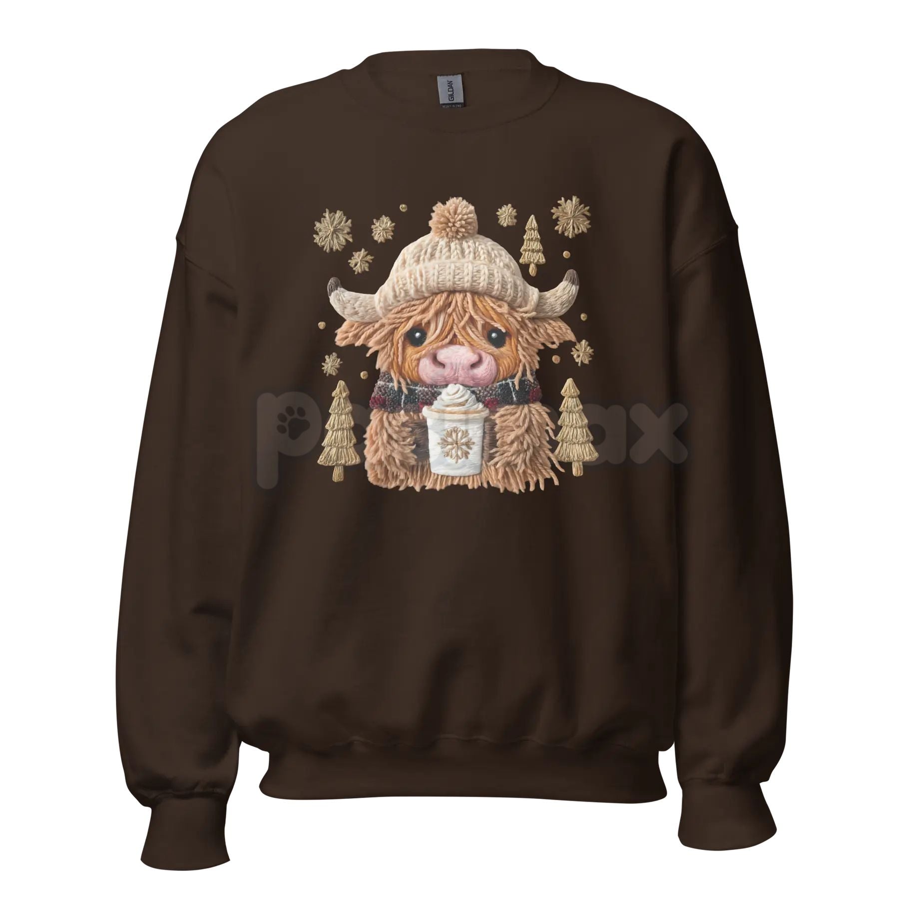 Pasimax Hazel the Highland Cow Crewneck Sweatshirt | Cute Hairy Coo Graphic Top | Farm Animal Unisex Sweater — lifestyle cont