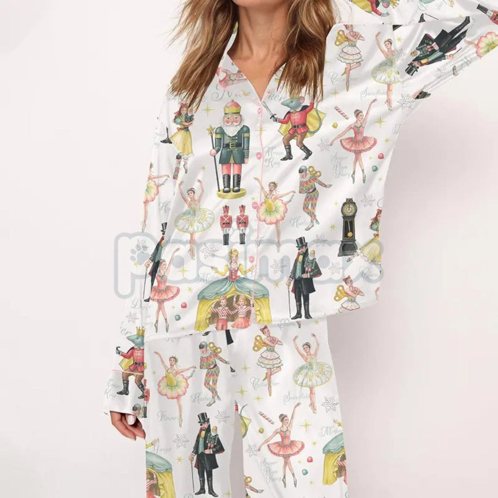 Pasimax Silky Nutcracker Christmas Pajama Set for Women - Elegant Ballet Print Loungewear & Holiday Sleepwear — detail close-