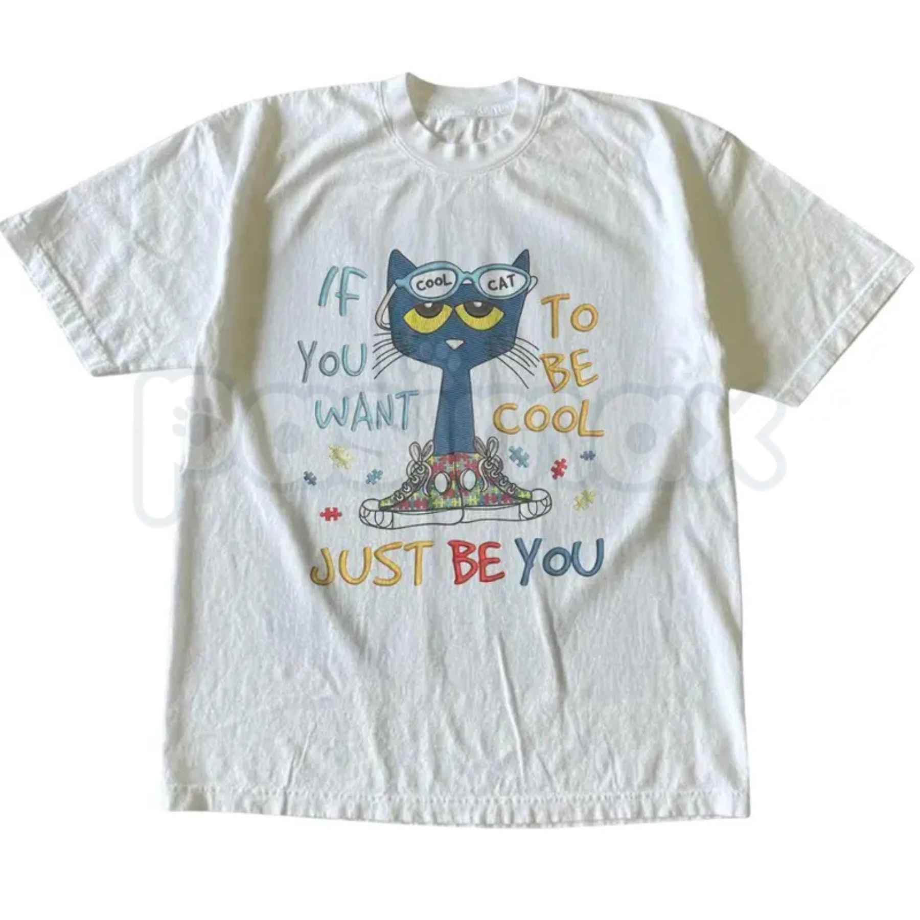 If You Want To Be Cool Just Be Yourself Pete Cat T-Shirt – Groovy Positive Quote Cartoon Graphic Tee, Unisex Cotton Shirt