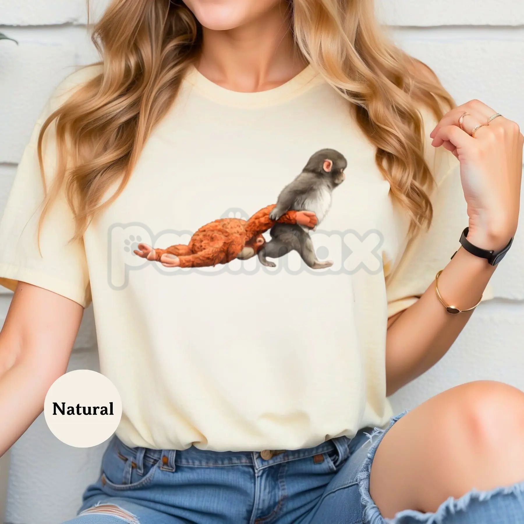 Pasimax Monkey Punch Baby Monkey Graphic T-Shirt - Cute Baby Monkey Holding Plush Toy Shirt, Premium 100% Cotton Animal Lover