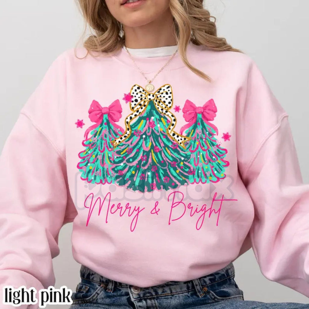 Pasimax The Pink Christmas Aesthetic: "Merry & Bright" Tree Sweatshirt with Festive Lights & Bows — lifestyle context