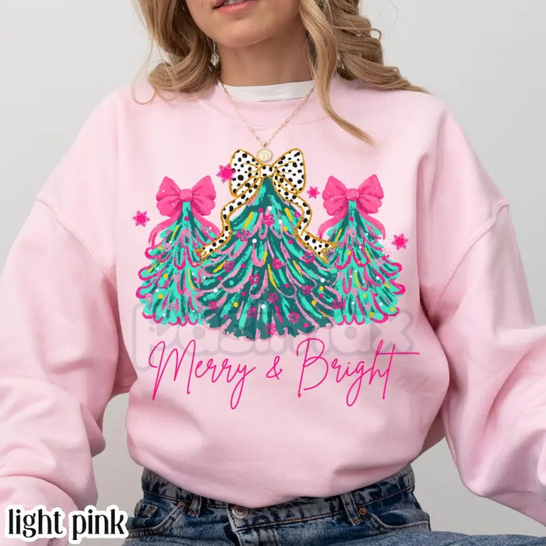 Pasimax The Pink Christmas Aesthetic: "Merry & Bright" Tree Sweatshirt with Festive Lights & Bows — lifestyle context