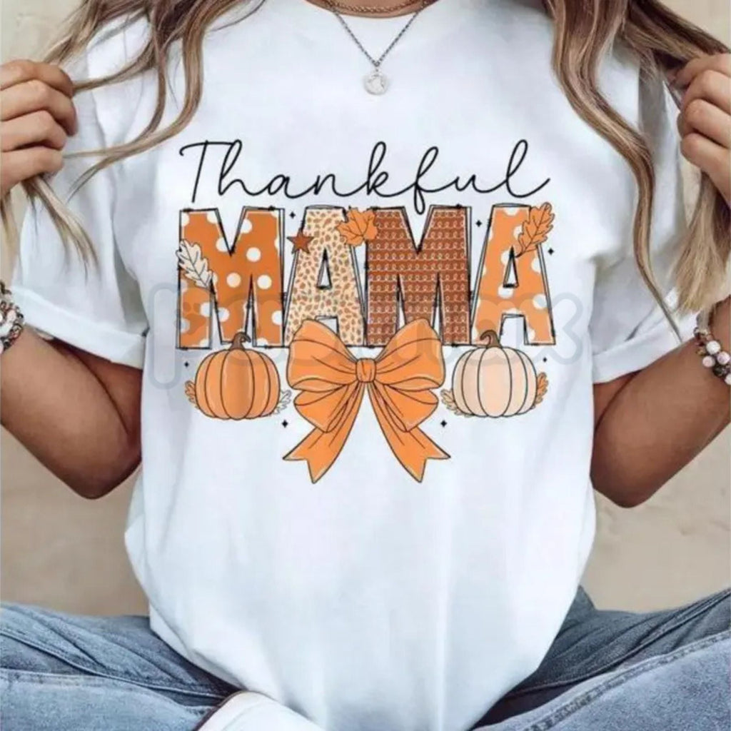 Pasimax Thankful Mama Coquette Thanksgiving T-Shirt - Pumpkin Spice Fall Graphic Tee, Trendy Women's Holiday Shirt, Coquette 