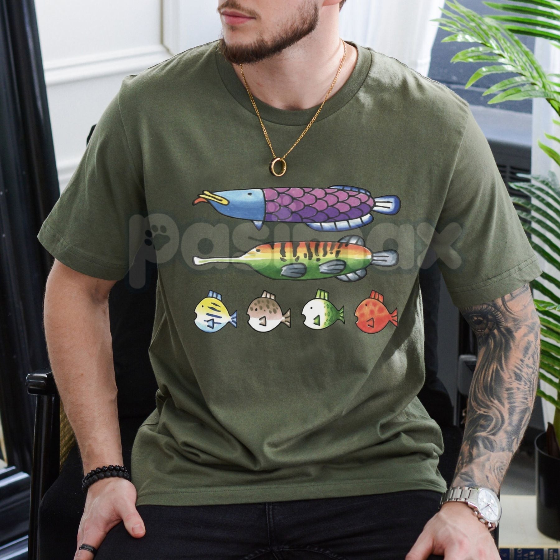 Pasimax Nintendoodle Fish Lineup Tee - Retro Nintendo Art Style T-Shirt, Funny Gaming Doodle Apparel, Unique Fish Lineup Fan 