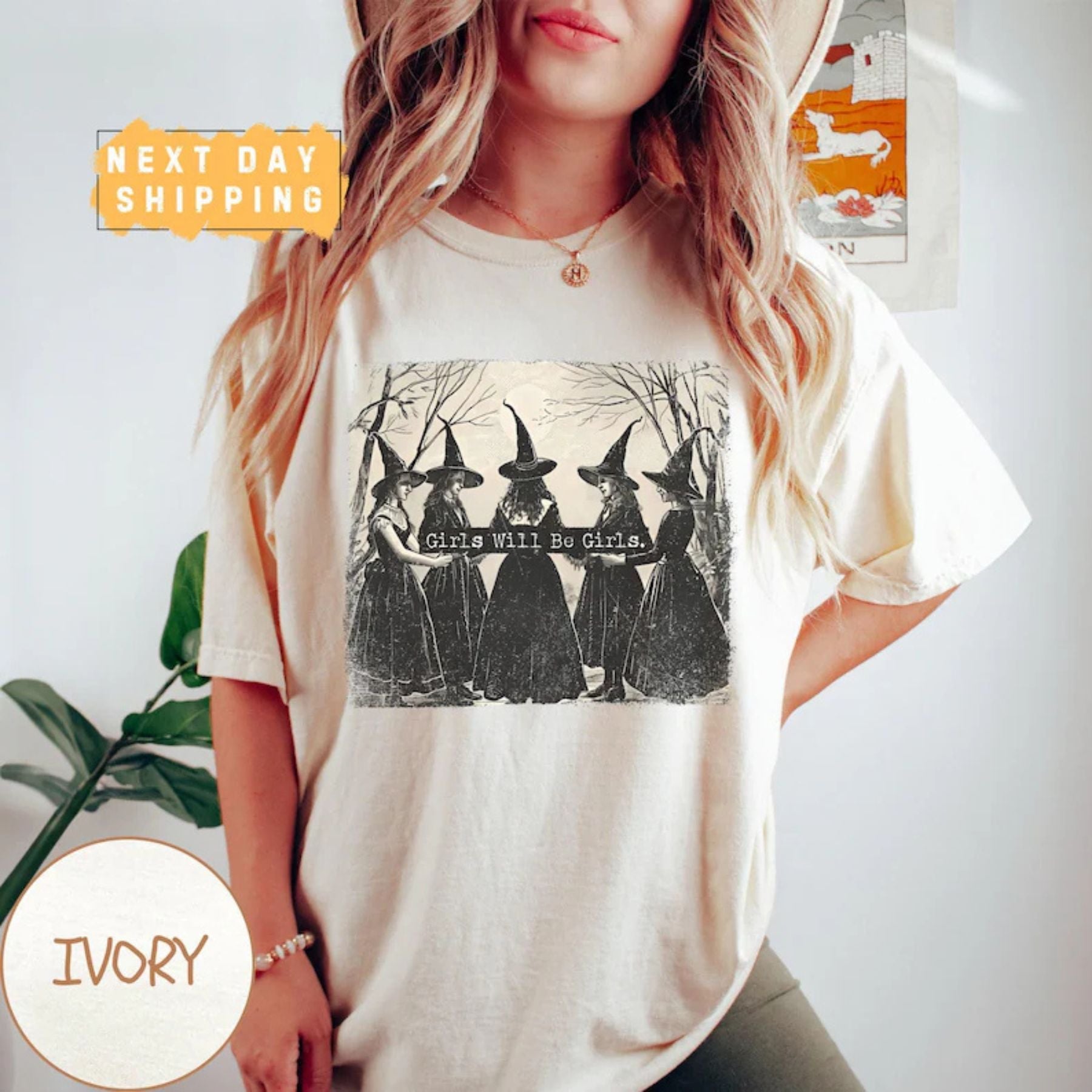 Pasimax Cozy Retro 'Girls Will Be Girls' Witch Shirt – Comfort Colors® Nostalgic Halloween Tee, Funny Witchy Vibes Fall Stapl