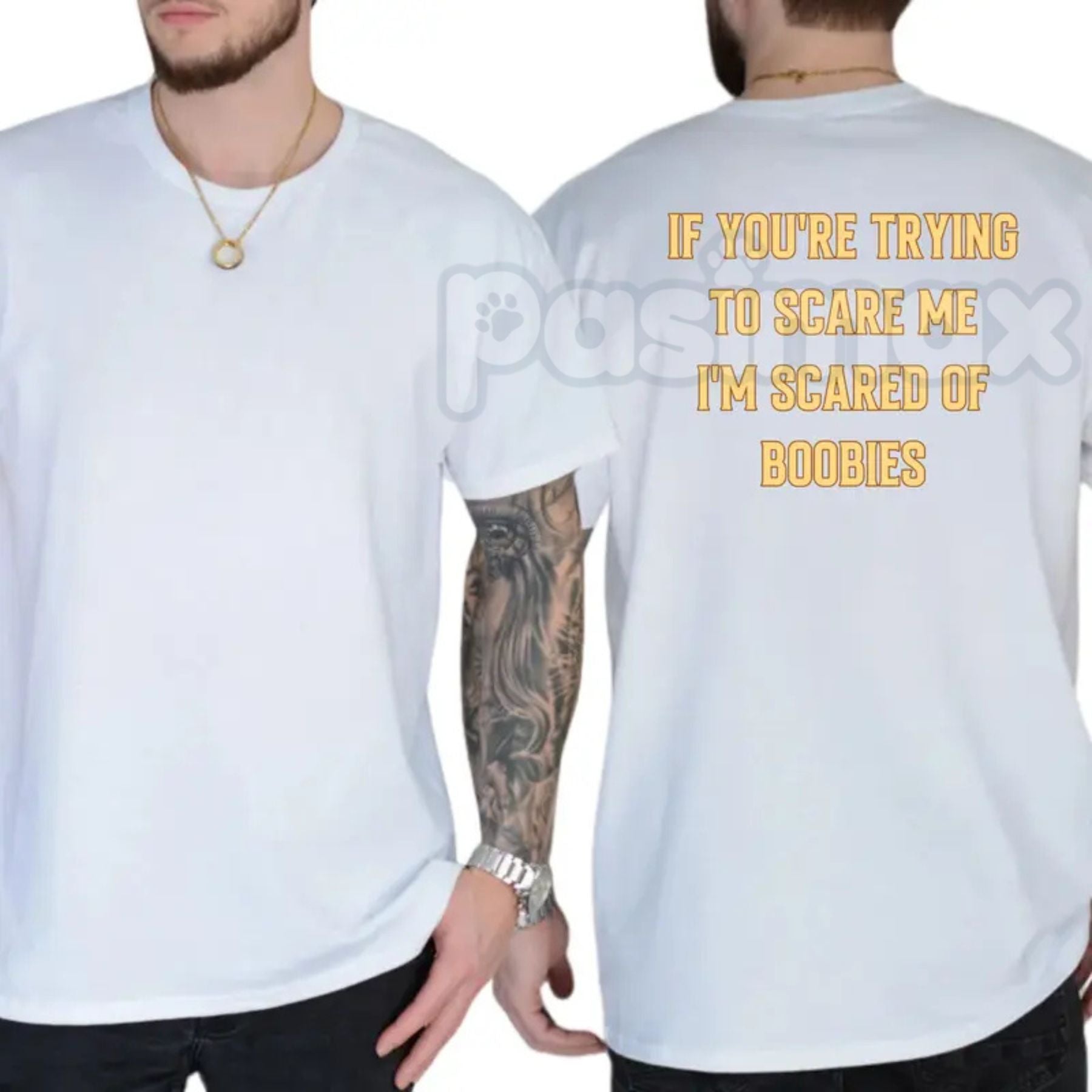 Pasimax "I'm Scared Of Boobies" Funny Men’s T-Shirt - Ironic Adult Humor Graphic Tee, Premium 100% Cotton Sarcastic Men's Gif