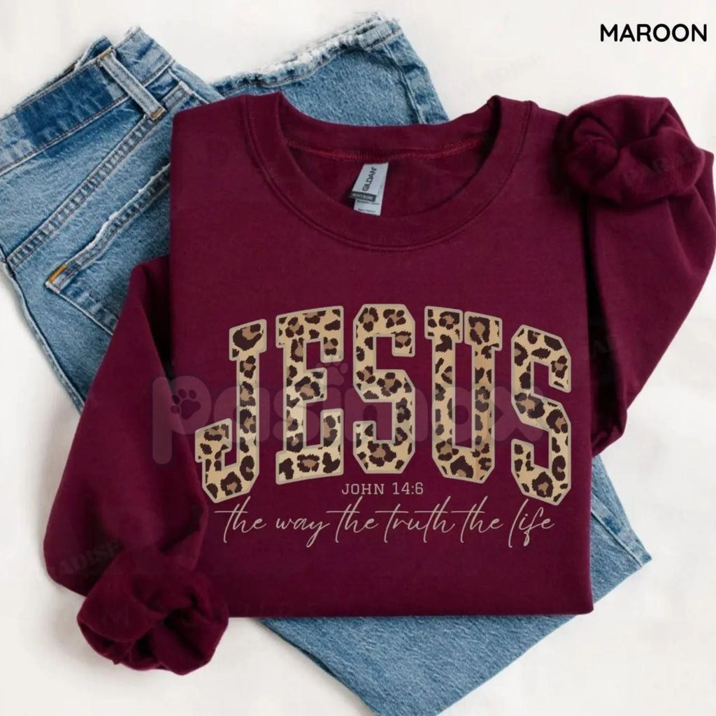 Pasimax Christian Jesus Leopard Sweatshirt | Cheetah Print Faith Crewneck | Modern Bible Verse Shirt for Women — lifestyle co