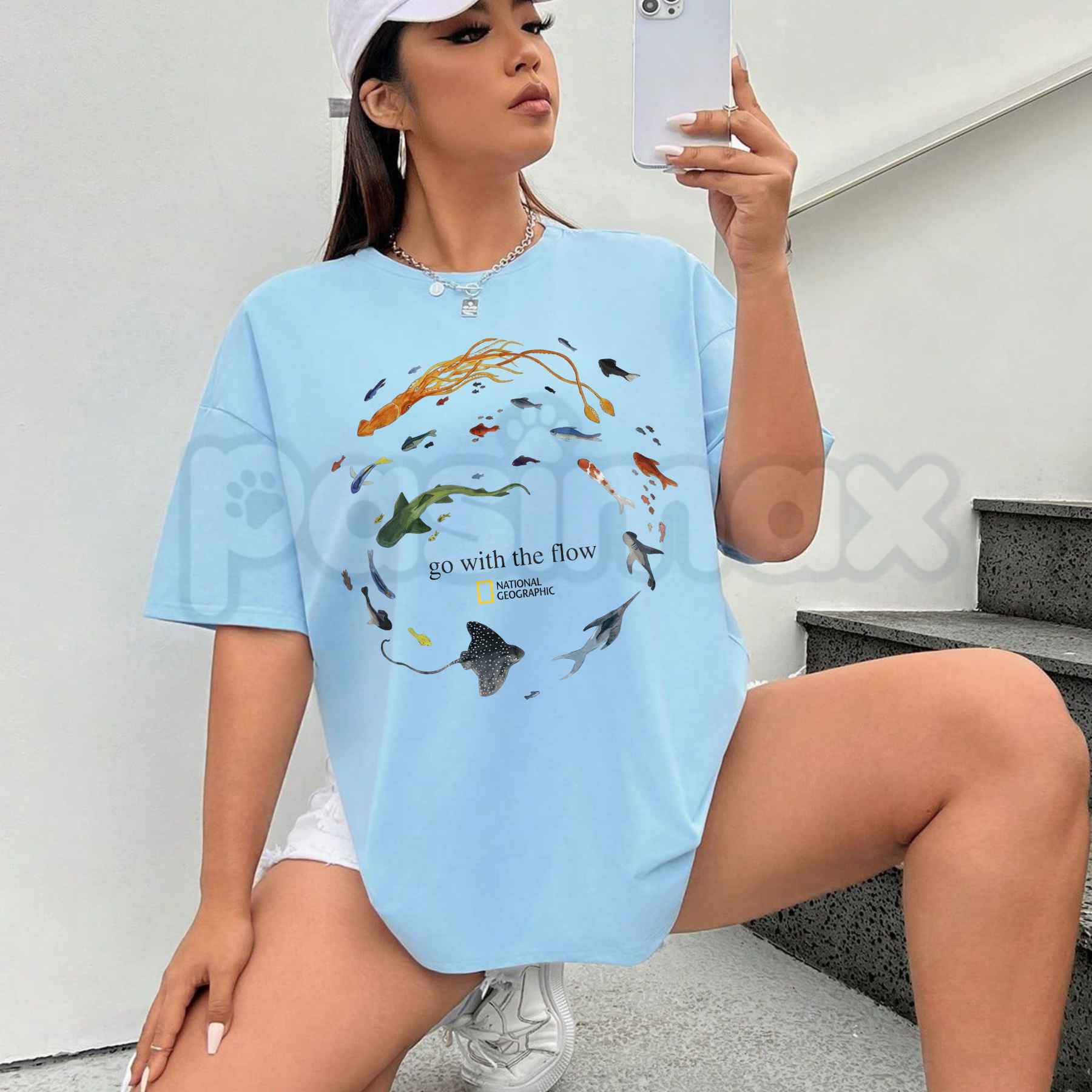 Marine Animals Go With The Flow T-Shirt – Ocean Sea Life Graphic Tee, Cute Sea Turtle & Whale Gift Shirt for Men & Women