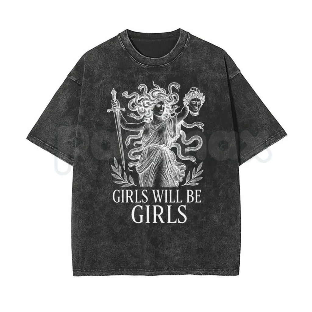 Girls Will Be Girls Medusa T-Shirt – Oversize Unisex Washed Graphic Tee, Lightweight Retro Greek Mythology Streetwear