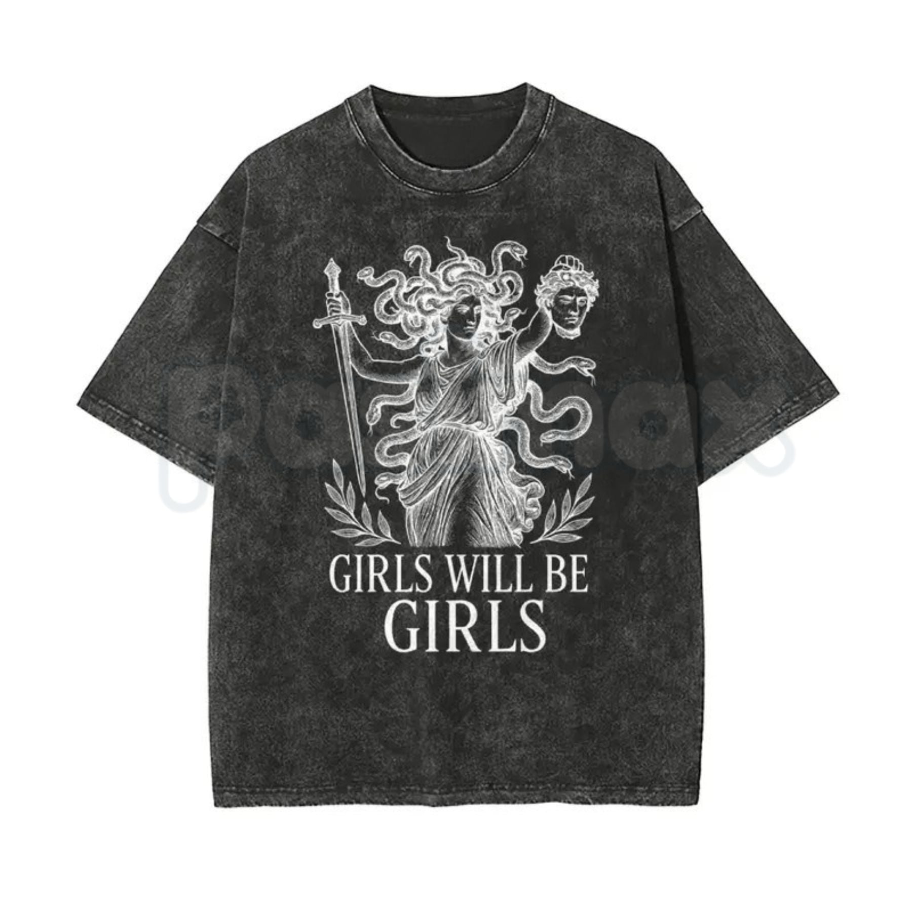 Girls Will Be Girls Medusa T-Shirt – Oversize Unisex Washed Graphic Tee, Lightweight Retro Greek Mythology Streetwear