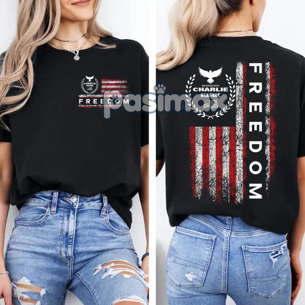 Pasimax Freedom Charlie Kirk USA Flag T-Shirt — lifestyle context