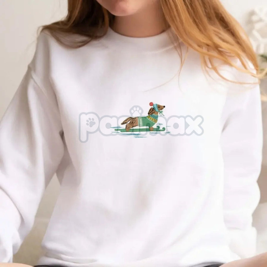 Pasimax Dachshund on Skis Embroidered Sweatshirt – Funny Christmas Dog Crewneck — lifestyle context