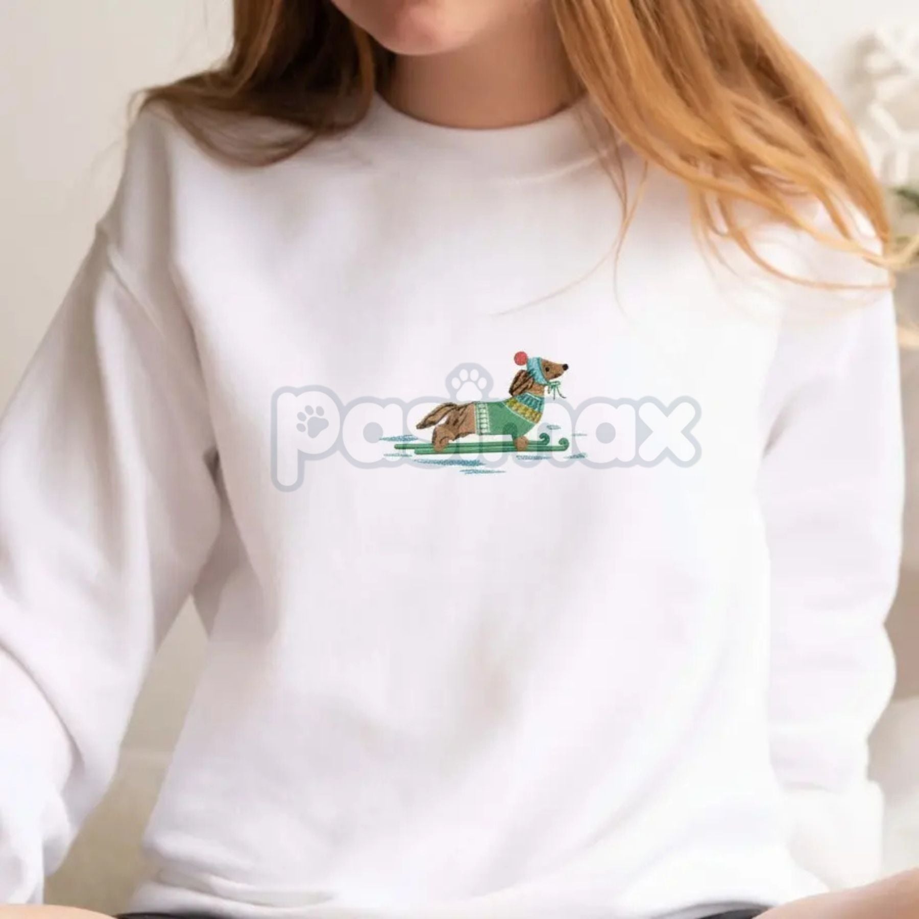 Pasimax Dachshund on Skis Embroidered Sweatshirt – Funny Christmas Dog Crewneck — lifestyle context