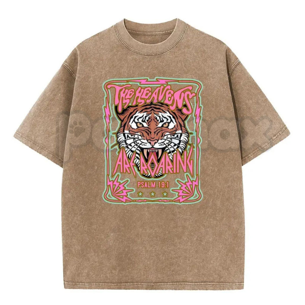 Wayii Fashion The Heavens Roaring Tiger T-Shirt – Unisex Acid Wash Vintage Graphic Tee, Lightweight Retro Cotton Streetwear Top