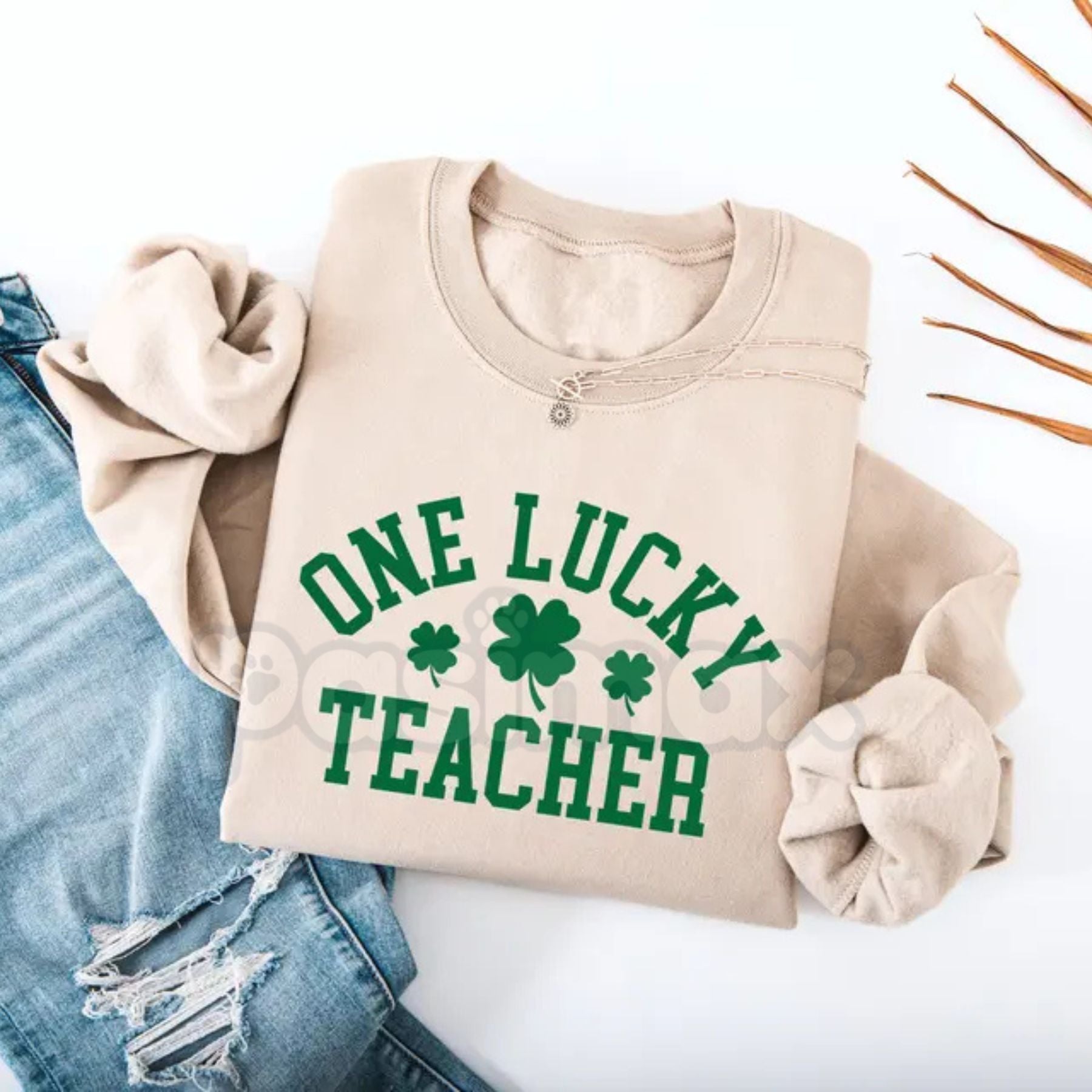Pasimax One Lucky Teacher Adult Sweatshirt | Green Varsity Lettering St Patrick's Day Crewneck | Shamrock Accent Teacher Pull