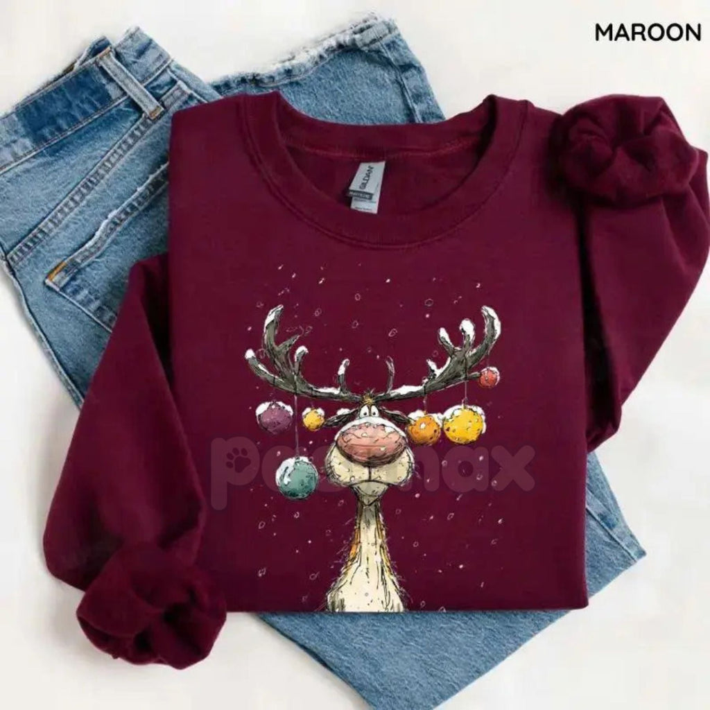 Pasimax Vintage Reindeer Sweatshirt | Retro Christmas Crewneck Jumper | Nostalgic Holiday Graphic Top — side view