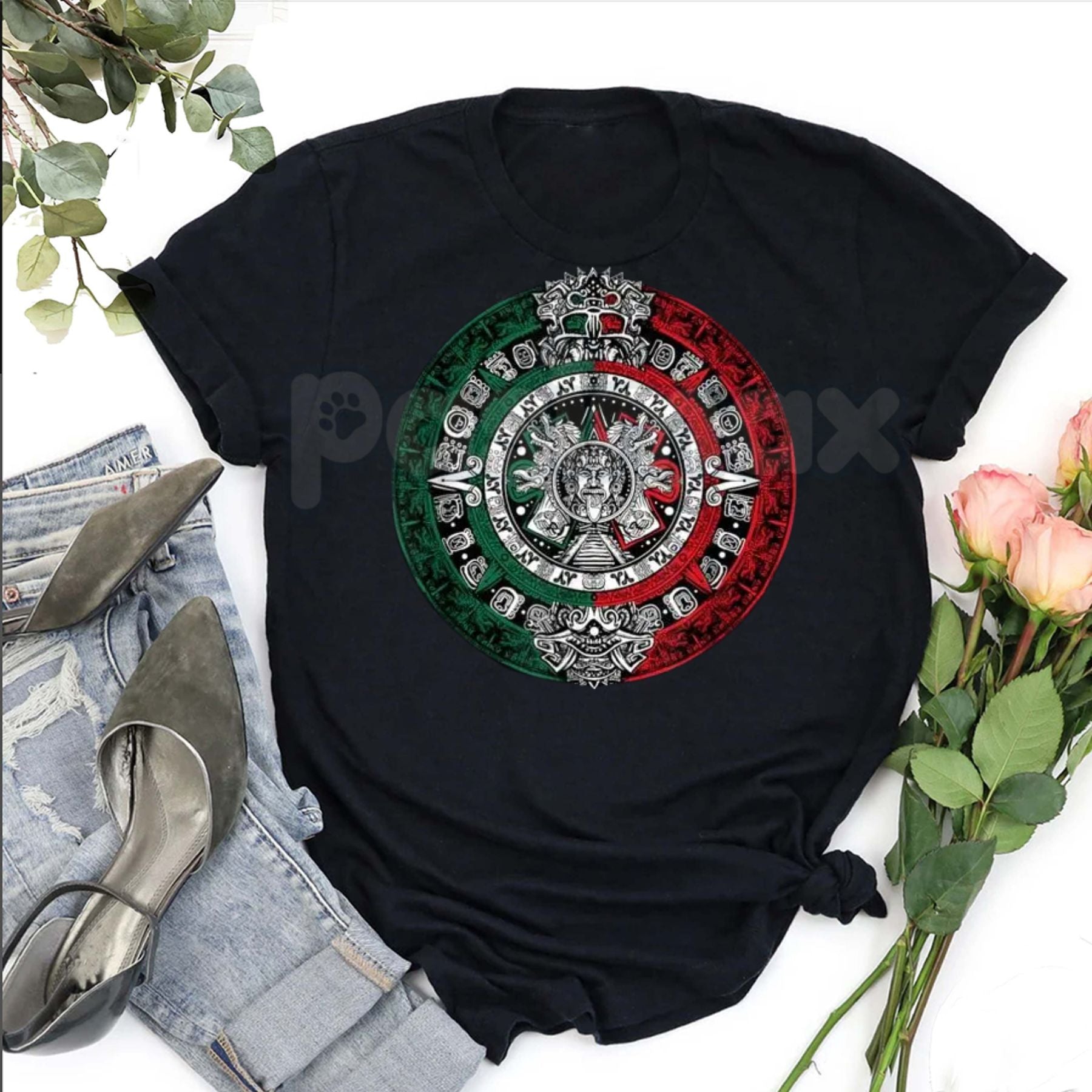 Aztec Calendar Sun Stone Mexico Flag T-Shirt – Mexican Heritage Graphic Tee