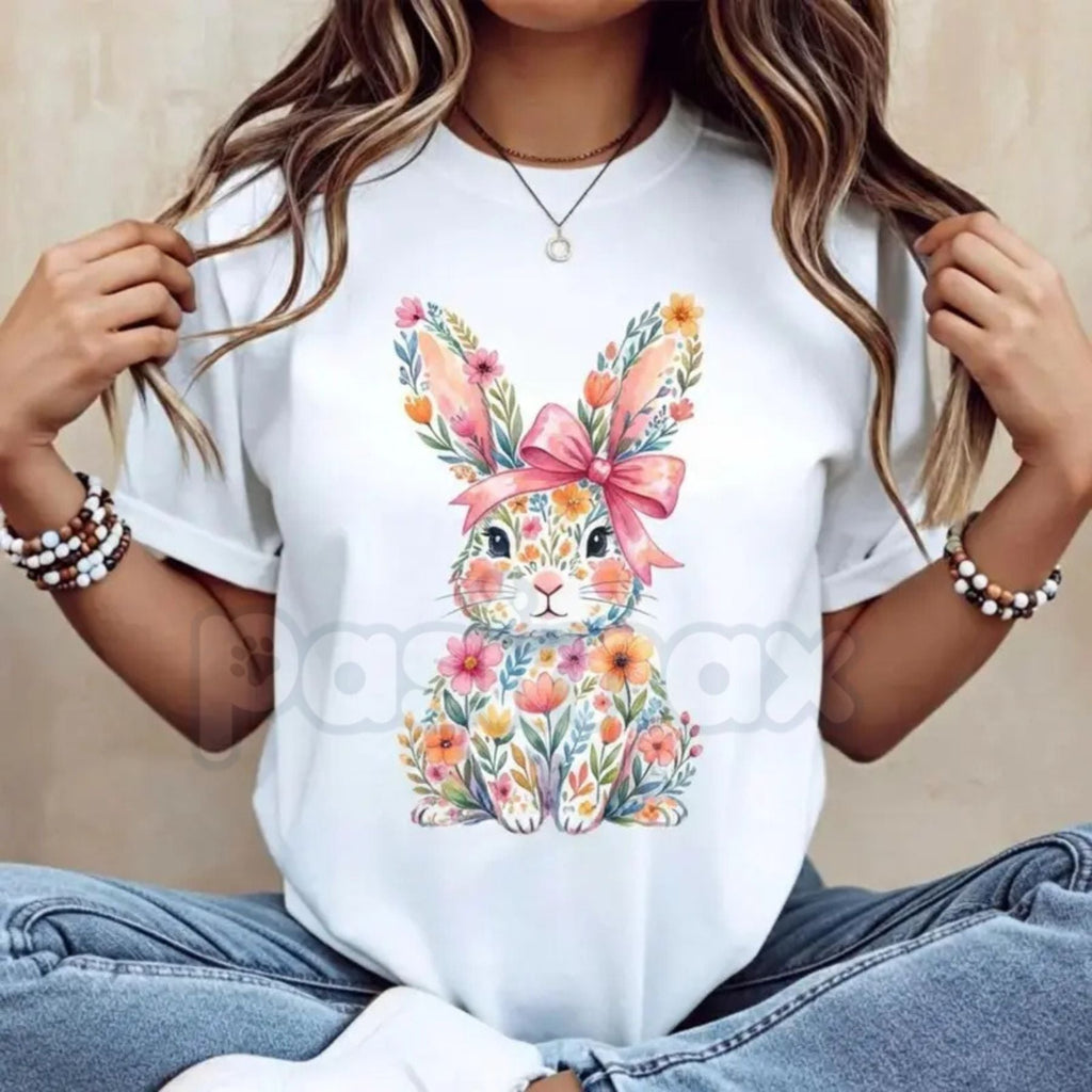 Pasimax Easter Bunny with Pink Bow & Colorful Swirls T-Shirt - Vibrant Spring Floral Graphic Tee, Premium 100% Cotton Easter 