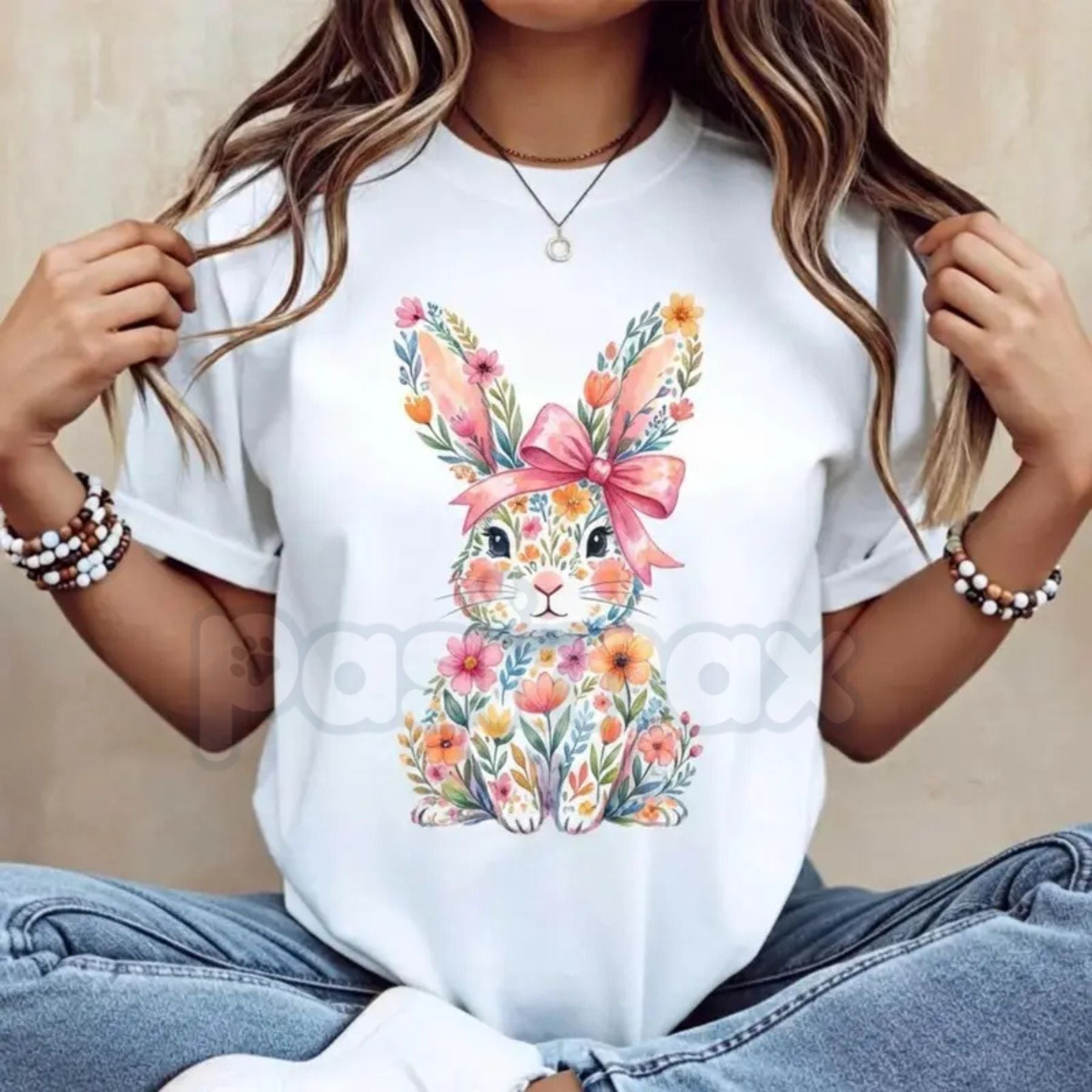 Pasimax Easter Bunny with Pink Bow & Colorful Swirls T-Shirt - Vibrant Spring Floral Graphic Tee, Premium 100% Cotton Easter 