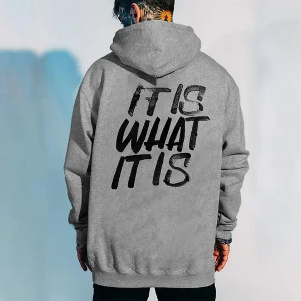 Pasimax "It Is What It Is" Distressed Print Hoodie — lifestyle context