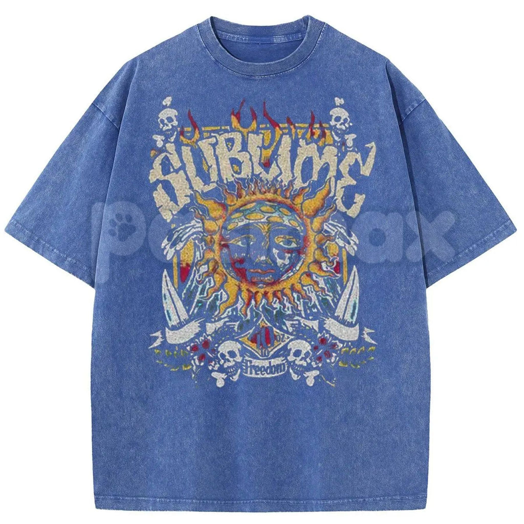 Sunland Oversized Sun Pattern T-Shirt – Acid Washed Unisex Celestial Graphic Tee, Lightweight Retro Cotton Streetwear Top