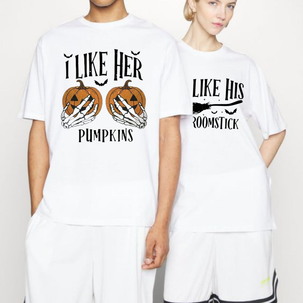 Pasimax "I Like Her Pumpkins / I Like His Broomstick" T-Shirts — lifestyle context