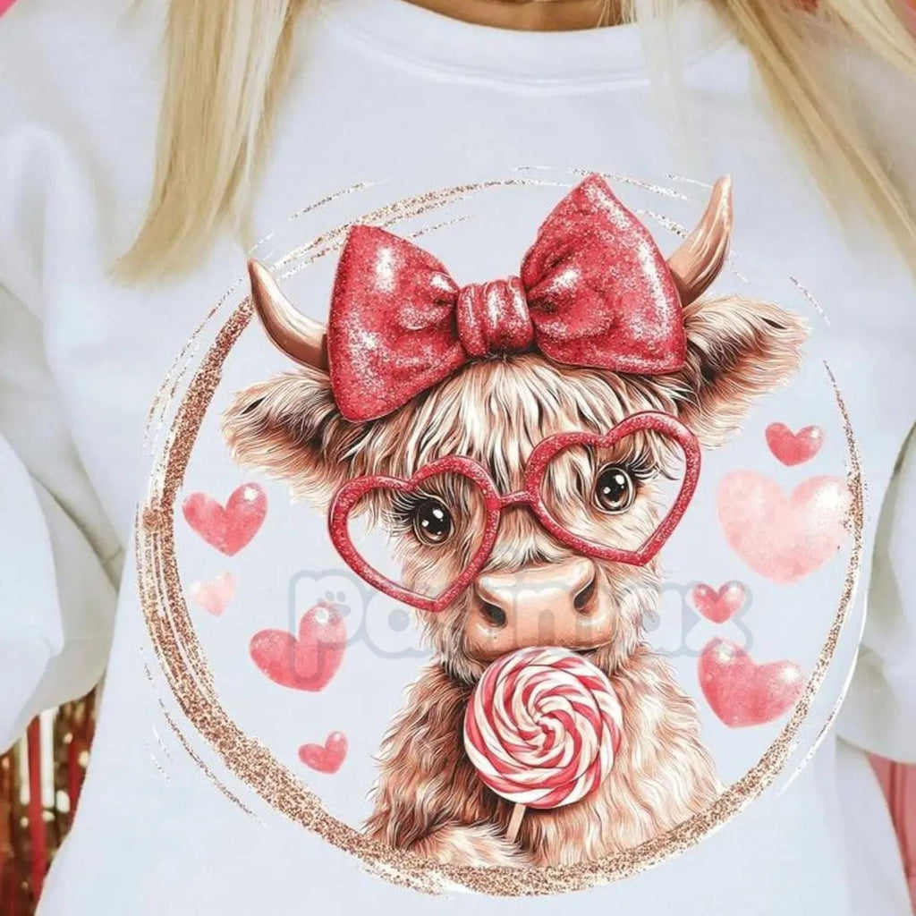 Pasimax Retro Valentine Highland Cow Sweatshirt | Vintage Aesthetic V-Day Crewneck | Cute Fluffy Cow Heart Jumper | Western V